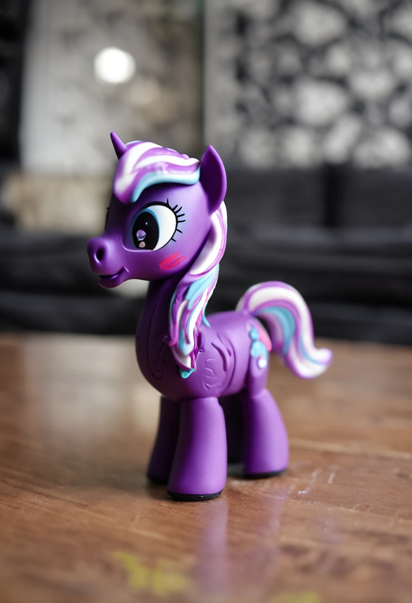Purple pony,There are black and white stripes on the front and tail, Twilight Sparkle, toy photo, fully flexib, mlp, My Little Pony, Little to assign my foal, cute toy, with no face, Cool twilight, taken with canon 8 0 d, taken with sony alpha 9, very very low quality picture, vinyl toy figurine, happy meal toy,电影灯光,Advanced light and shadow effects