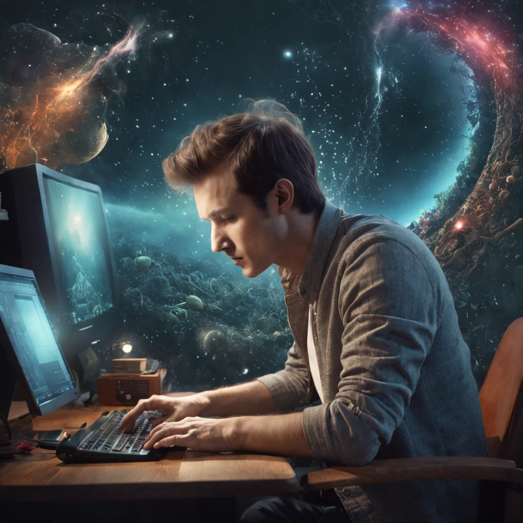 Beautiful surreal programming scenery, Man facing computer and display, Man is touching keyboard, The image is a true surrealist digital work of art, Inspired by the magical work of Maxim Velekhin. Every detail of the illustration is impressive, With vivid colors and captivating textures that catch the eye of the viewer. The portrait captures the essence of the flower storm, Emotional blend of fantastic and natural elements. Through photographic manipulation and surrealist techniques, Portraits come to life, Beyond the boundaries of reality、Take the audience into a universe of imagination and wonder. Style refers to the influence of Alexander Jansson, In a fantastic dreamlike atmosphere, Where Surrealism and Fantasy Meet. Each digital brush stroke is、Carefully crafted to convey unique and captivating beauty. Inspired by Alberto Seveso, The depiction of surrealism is、Fluid strokes bring to life, Remembering the dance of movement and transformation. This beautiful digital art is、It is a celebration of human creativity and the ability to transcend the boundaries of reality, Invites viewers to immerse themselves in a world of imagination and enchantment.In the background are large mechanical and cyber devices produced with advanced technology.
