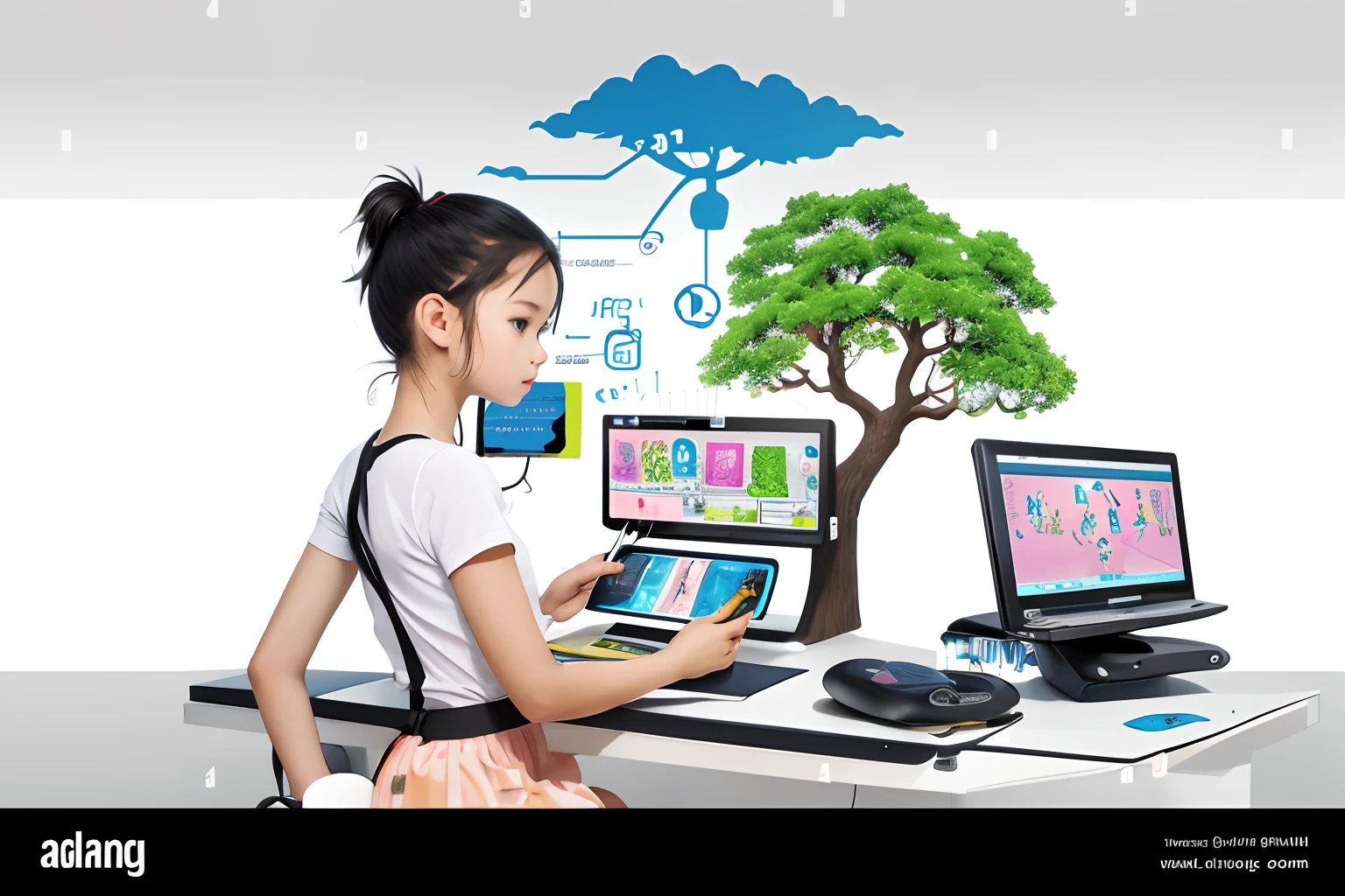 Girl drawing tree with social icons, Girls make great things, prety woman,  Imaginative!!, Technology Integration, Sources of future growth, advanced technique,  Smooth technology,  child drawing, future technology, childs drawing, Beautuful Women, Realistic Woman, Girl programming on computer, games