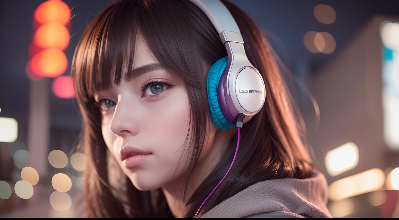 girl with headphones,hair color rainbow eyes red cyberpunk,8K extremely detailed, smooth, high resolution, ultra quality, highly detailed eyes, highly detailed mouth, highly detailed face brightness, iridescent, global lighting, real hair movement, real light, real shadow, real face, hd, 2k, 4k, 8k, 16k, realistic light, realistic shadow, bright eyes, fluorescent eyes,  soft light, dream light,anime, 3d, japan, pixar, masterpiece, best quality, , portrait, night city with one at lamborghin background