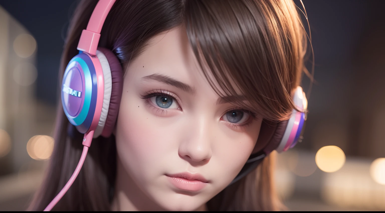 girl with headphones,hair color rainbow eyes red cyberpunk,8K extremely detailed, smooth, high resolution, ultra quality, highly detailed eyes, highly detailed mouth, highly detailed face brightness, iridescent, global lighting, real hair movement, real light, real shadow, real face, hd, 2k, 4k, 8k, 16k, realistic light, realistic shadow, bright eyes, fluorescent eyes,  soft light, dream light,anime, 3d, japan, pixar, masterpiece, best quality, , portrait, night city with one at lamborghin background