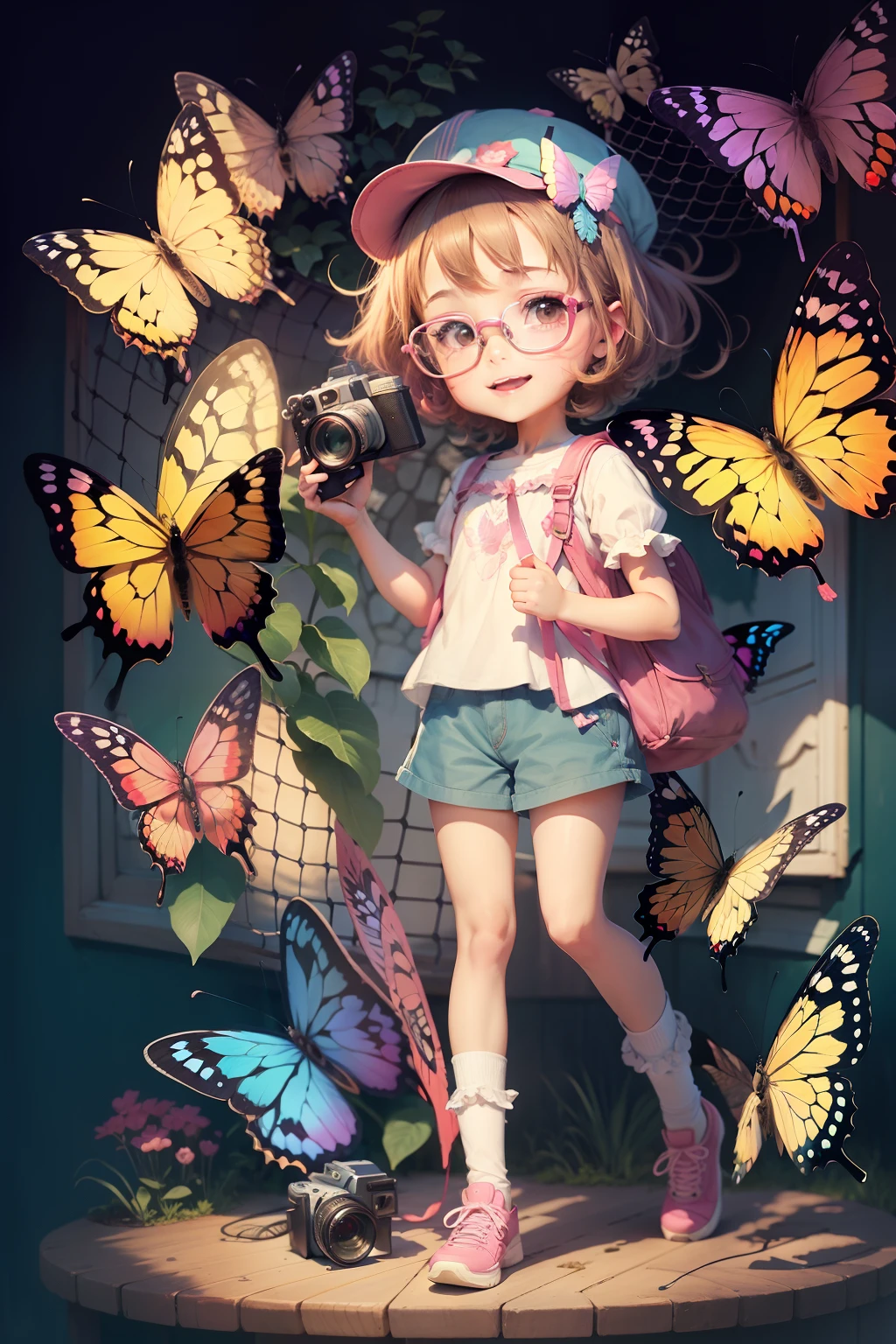 character girl, butterfly collector with butterfly net, colorful, happy girl, cartoon girl, cartoon, girl with glasses, camera, polaroid, happiness, butterfly, drawing, standing, full body,