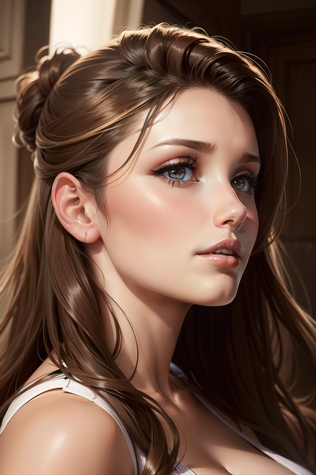 lucy pinder, portrait, from the side, top angle, portrait from above, looking up.