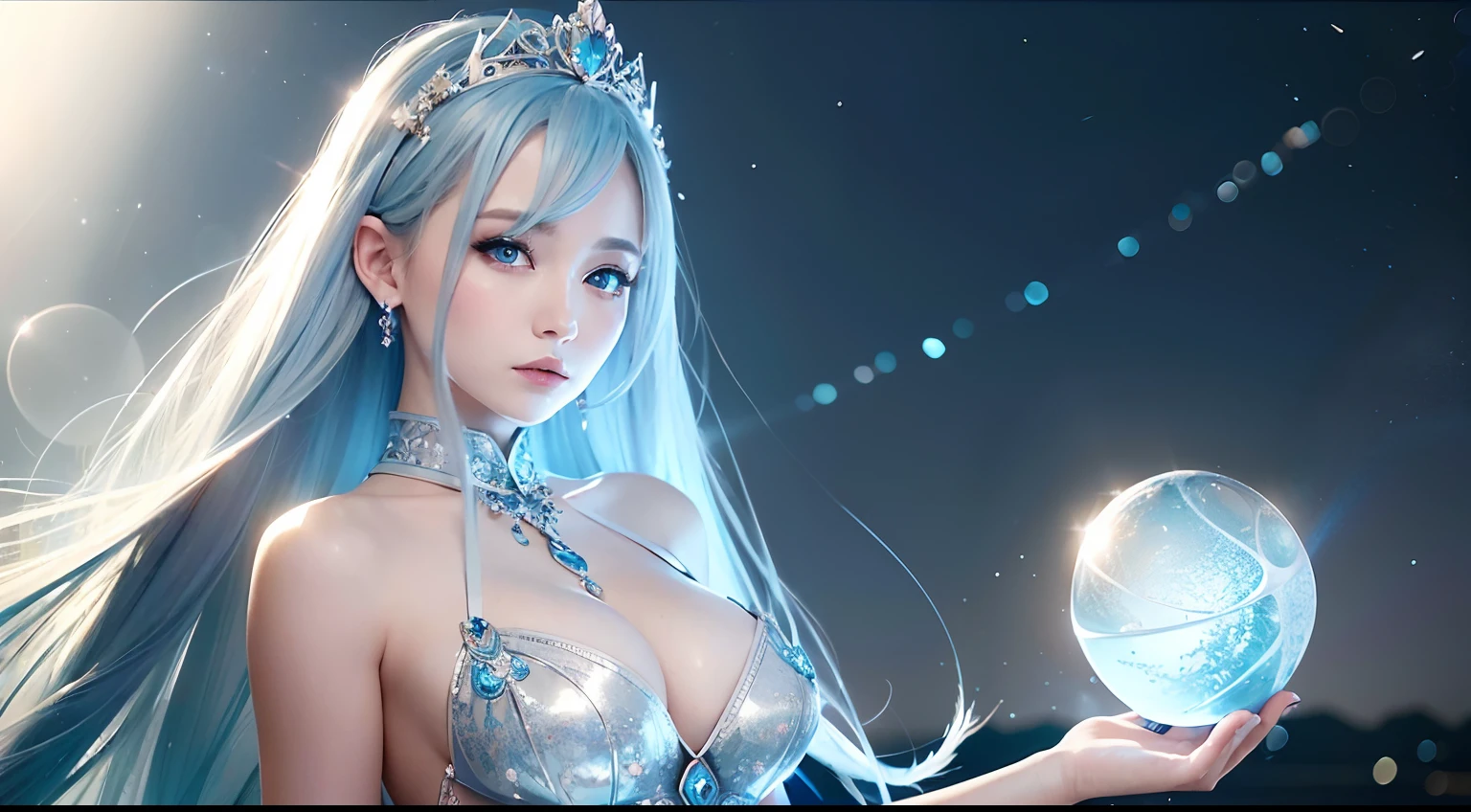 Beautiful female ice mage,Perfect body display,Sky blue and gray curls,eBlue eyes,Sheer tulle dress,The expression is cold,Bokeh background, ice mountain,Fantasyart,detail-rich,电影灯光,real photograph,SLR camera,(Very detailed, reasonable design, Clear lines, High sharpness,Best quality, Masterpiece, 4K:1.2 )