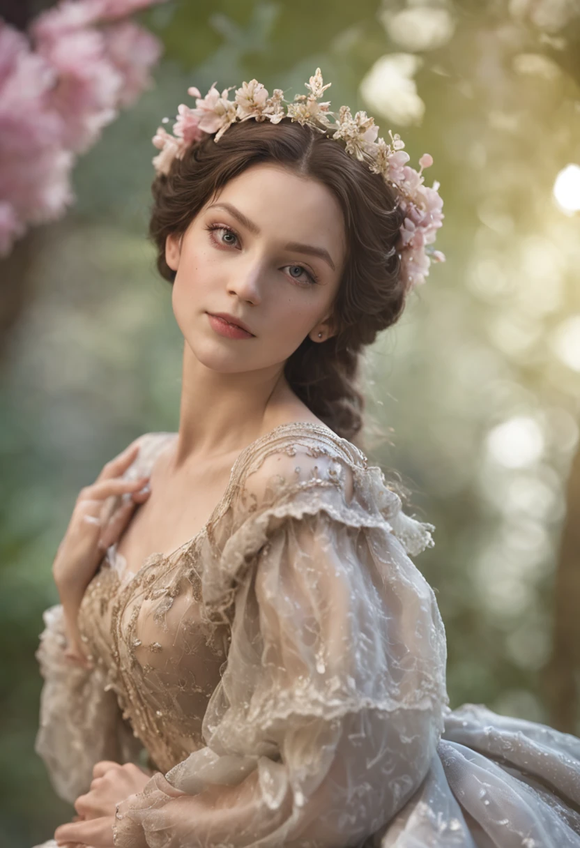 (extremely detailed CG unity 8k wallpaper, masterpiece, best quality, ultra-detailed),Intoxicating light and shadow, Light and flowy, dancing petals, A wonderland in the woods, Enchanting elf princess.