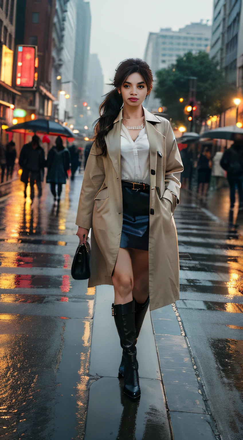 (((masterpiece, best quality:1.1))), high resolution, (ultra-detailed), 1girl ,light makeup, mature female, seductive, elegant, stylish, curvy, looking at viewer , (((full body))) , perfect body, beautiful woman, (beautiful detailed face:1.2), beautiful detailed eyes,((intricate detailed)), perfect hands, detailed fingers, mature female, rain coat with boots,messy low ponytail , Bohemian mood and carefree theme, Rain-soaked urban street  background, volumetric lighting, intricate details, sharp focus, hyper detailed, trending on Art station