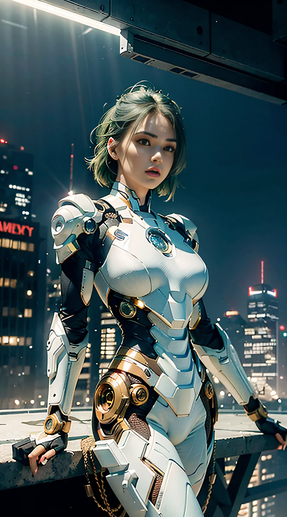 RAW, masterpiece, ultra thin photo, best quality, ultra high resolution, photorealistic, sunlight, full body portrait, incredibly beautiful, greenish hair, dynamic poses, delicate face, vibrant eyes, (side view), she is using a futuristic Iron Man engine, red and gold color scheme, night city background, highly detailed, detailed face, detailed and complex busy background,  messy, gorgeous, milky white, highly detailed skin, realistic skin details, visible pores, sharp focus, volumetric mist, 8k uhd, dslr camera, high quality, film grain, light skin, photorealism, lomography, expanding metropolis in futuristic dystopia, view from below, translucent