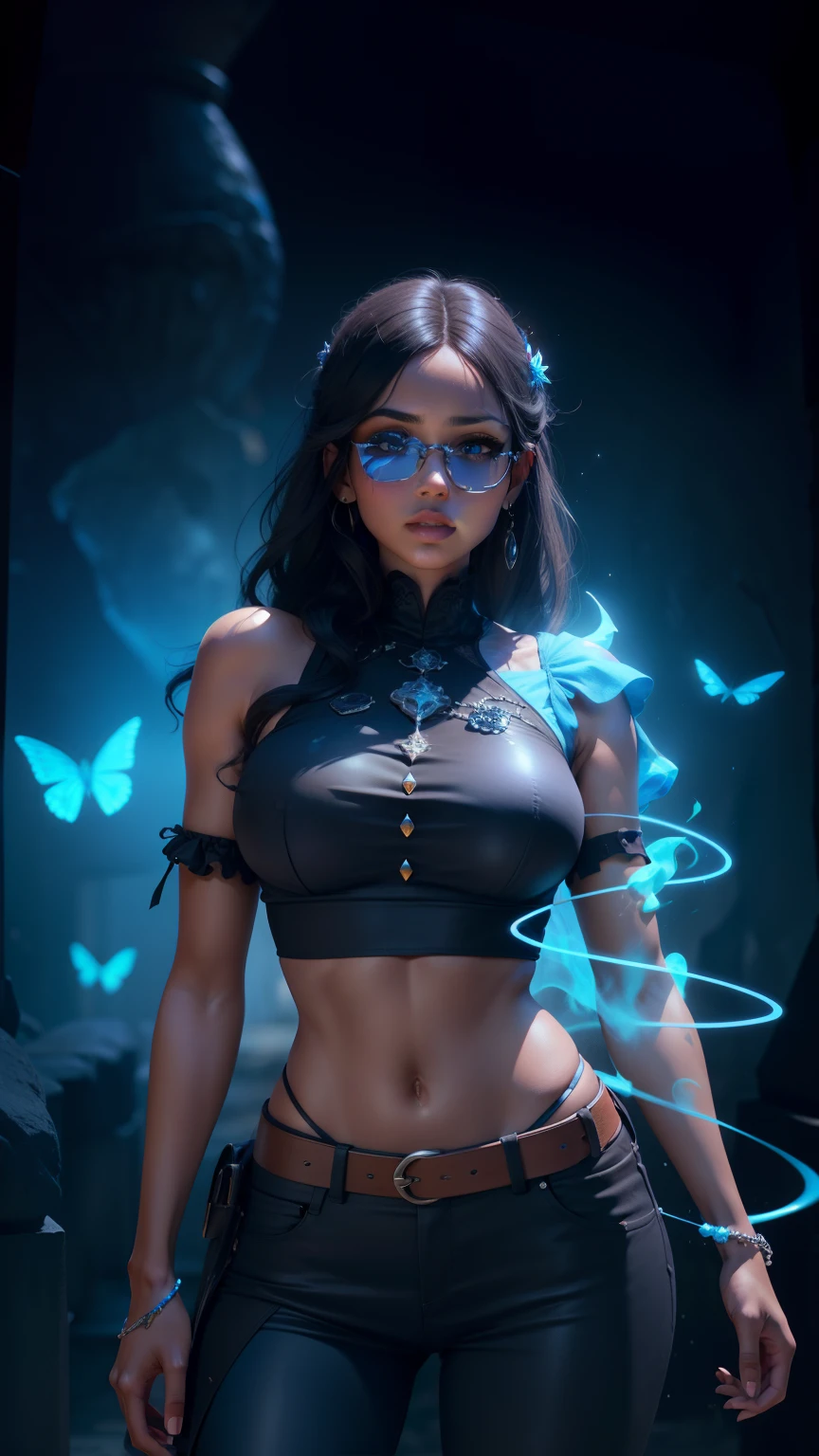 3D, mulher negra, detalhes no rosto, borboletas,azul , altamente detalhado, imagem de mais alta qualidade, magic, magia, borboletas, azul, cinematic lighthing, profissional, rosto detalhado