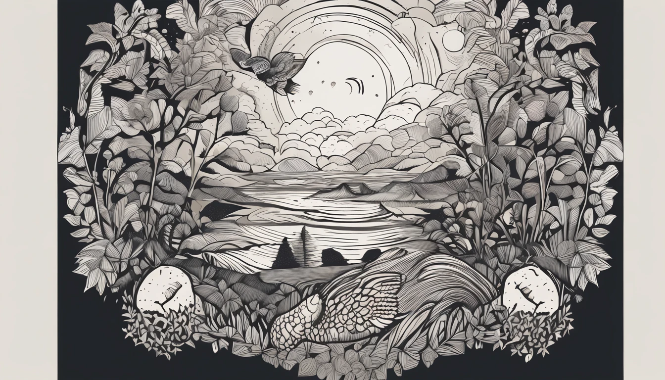 In the forest，A hen laying eggs,Surrounded by clouds，etchings，Unity8k wallpapers,ultradetailed,Beauty and aesthetics,Masterpiece,best qualtiy,(zentangle,mandalas,tangled,entangle），Oil woodblock printing, wood block print, woodcut print, linocut print, oil art, Lino print, Oil painting art print, linocut, woodcut art, woodblock, woodblock print, Block printing, woodcut style