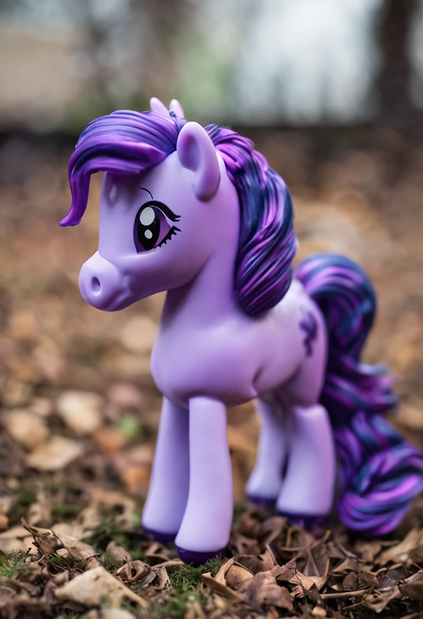Purple pony,There is a unicorn on the forehead,There are black and white stripes on the front and tail, Twilight Sparkle, toy photo, fully flexib, mlp, My Little Pony, Little to assign my foal, cute toy, with no face, Cool twilight, taken with canon 8 0 d, taken with sony alpha 9, very very low quality picture, vinyl toy figurine, happy meal toy