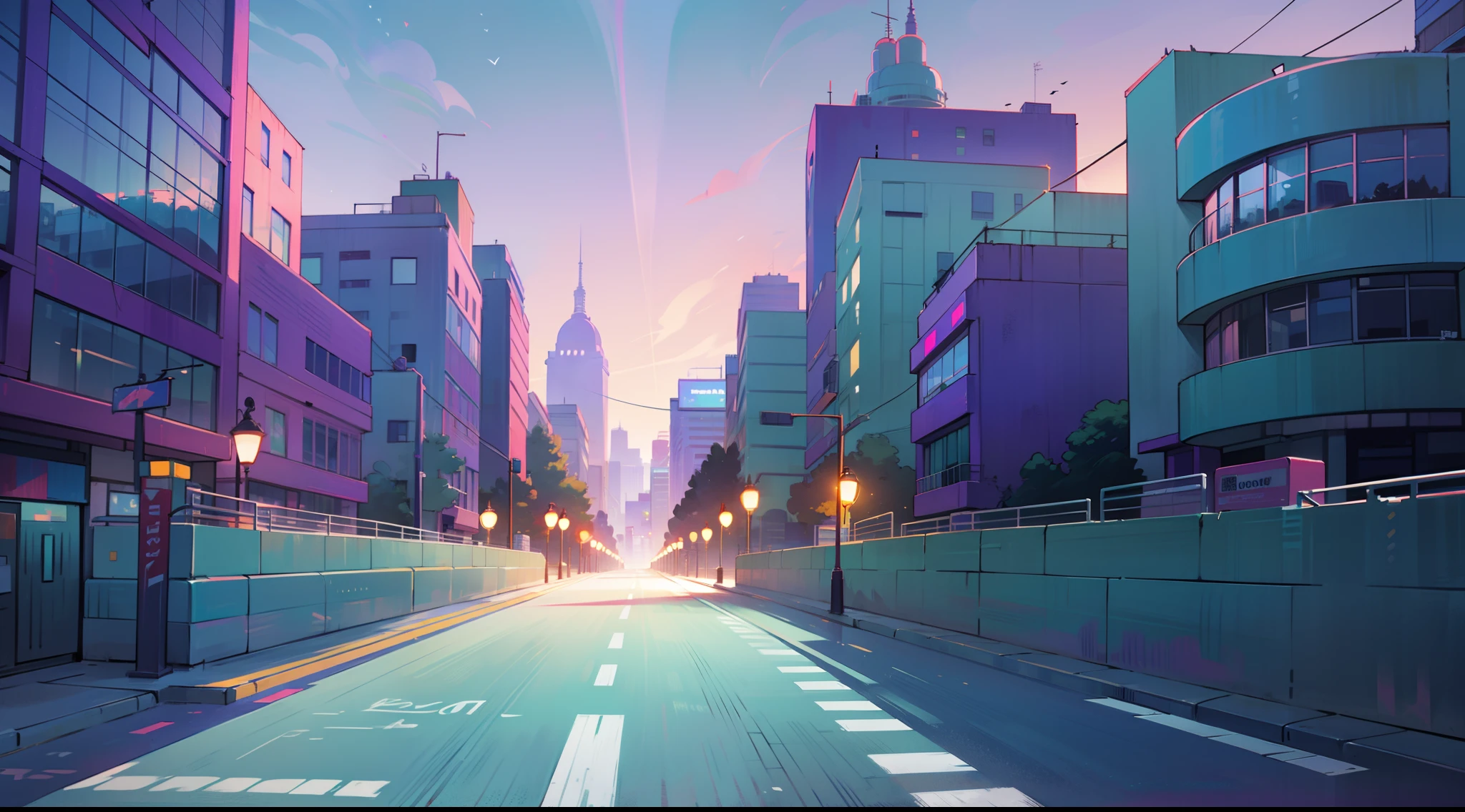 Mexico City, downtown avenue, dawn (((without people))) street level view, purple and turquoise color harmony