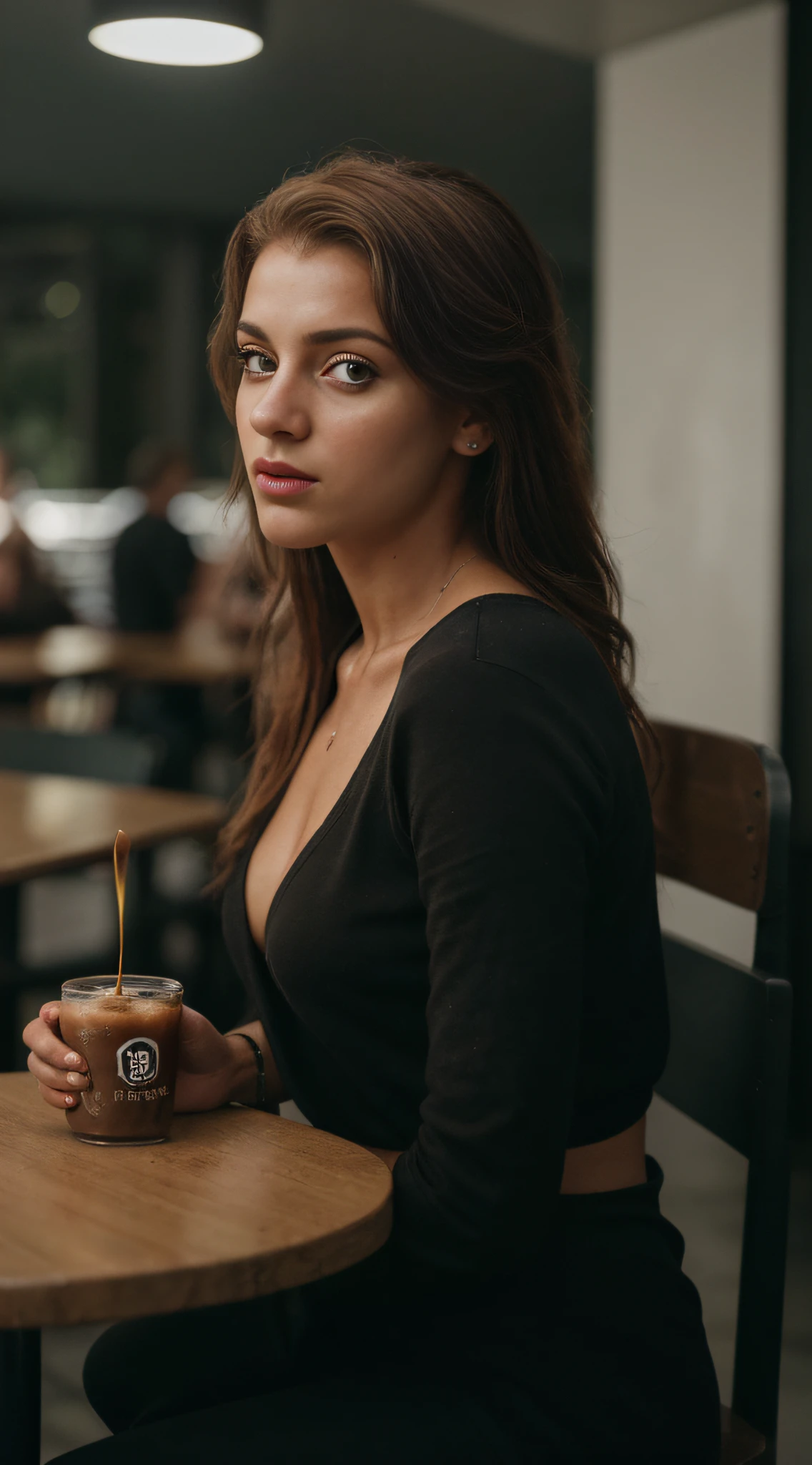 Linda mulher, brasileira Ruiva bonita, 15 anos. (Plano geral), (sentada tomando cafe em uma cafeteria), (sentada), (sutia preto) cabelos curtos, pele detalhada e com pintas, abdome, fotografia realista, fotografia, (cintura perfeita), obra-prima, realista, Realismo, renderizado, Alto contraste, digital art realistic photography trend in Artstation 8k HD realistic high definition detailed, detalhado, textura da pele, hiper detalhado, textura de pele realista, (Background Story, uma cafeteria escura), melhor qualidade, ultra high-resolution, (fotografiarrealista: 1.4),, alta resolução, detalhado, fotografia crua, Sharp, by Lee Jeffries Nikon D850 film Stock Photography 4 Kodak Portra 400 camera F1.6 Lens Rich Colors Hyper Realistic Texture Dramatic Lighting Trend Unrealengine on ArtStation Cinestill 800,