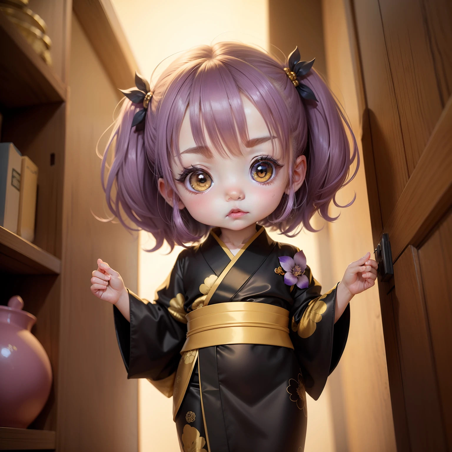 Cute Baby Chibi Anime,Golden and black kimono,Brilliant wisteria,Wisteria shelf,Bruises and face
