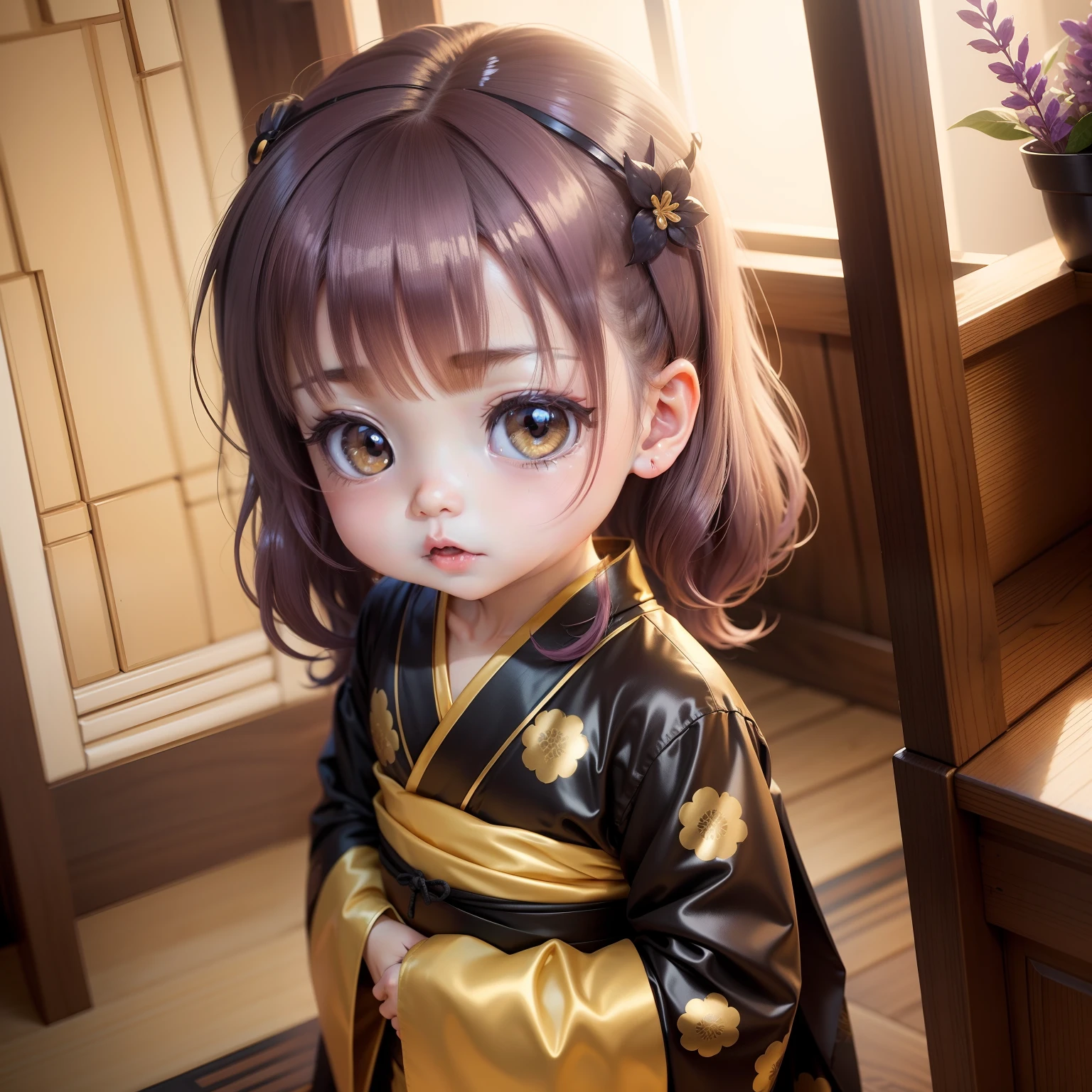 Cute Chibi Anime,Golden and black kimono,Brilliant wisteria,Wisteria shelf,Bruises and face