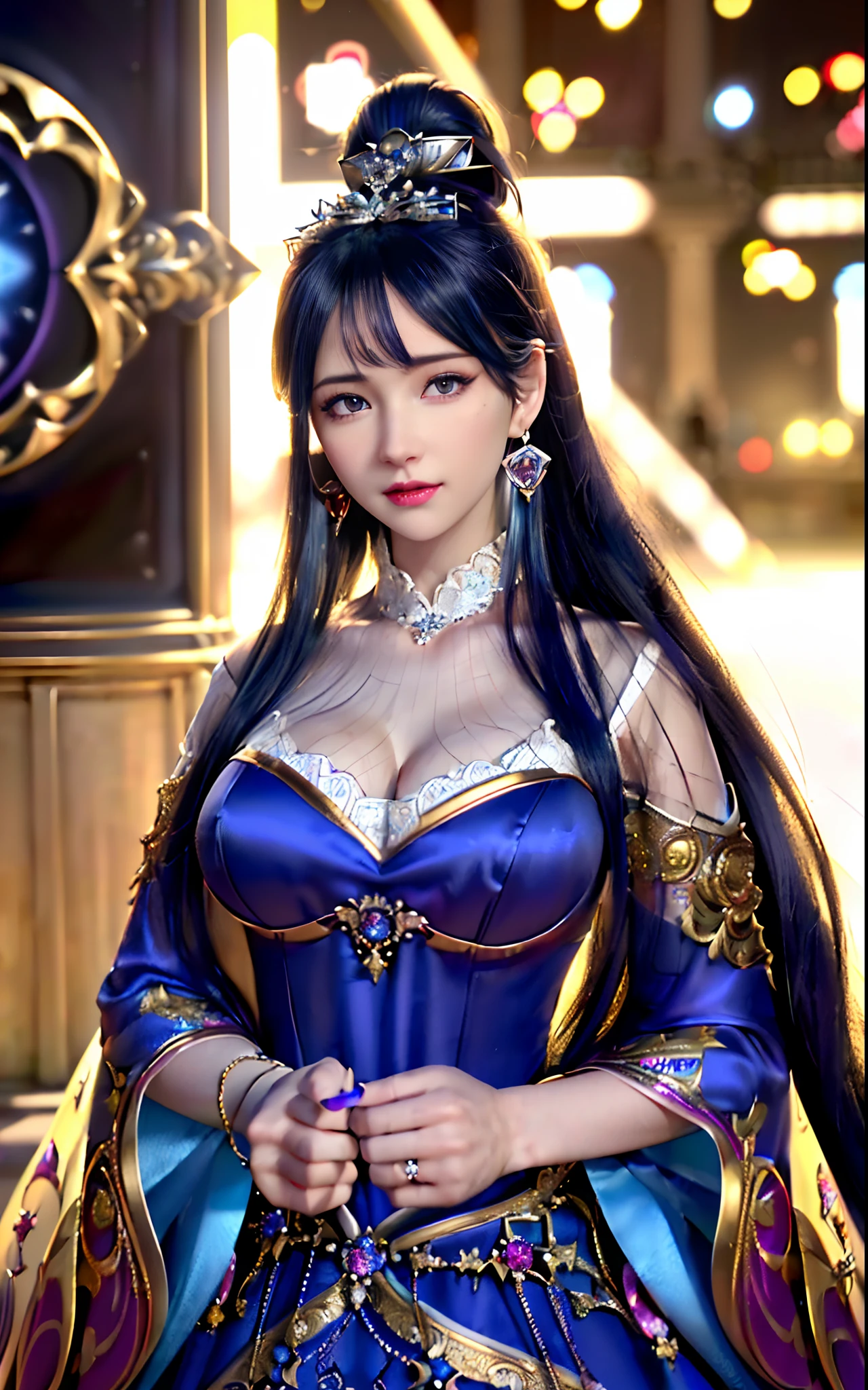 ((realisticity: 1.2)), ((realistic: 8K UHD)), ((best resolution: 8K UHD)), hyper detailed, best quality,masterpiece,highres,cg, ((1 girl hyper detailed and hyper realistic) ) , ((beautiful queen, hyper realistic and hyper detailed)),((white skin, beautiful, smooth, youthful, hyper realistic and hyper detailed )), ((Face hyper beautiful, white, hyper realistic and hyper detailed ) ), long hair, ((hyper realistic and hyper detailed dress)), solo, ((hyper realistic, hyper beautiful, beautiful and hyper detailed jewelry)), ((hyper beautiful deep red and golden yellow dress, hyper realistic and hyper detailed )) , ((Her pretty, hyper realistic, hyper detailed diamond filled earrings)), ((Her gorgeous diamond haircut, hyper realistic and hyper detailed)), ((hyper pretty upper body, hyper beautiful, hyper realistic and hyper detailed) ), ((medium breast: 1.1)), ((hyper realistic, hyper pretty, hyper detailed boobs)), ((the backgroun of the royal palace is hyper majestic, hyper realistic and hyper detailed)),((hands and palms hyper beautiful, hyper detailed, hyper realistic)), ((hyper detailed and hyper realistic fingers and fingernails)), ((hyper pretty fingernails, hyper vivid, hyper detailed, hyper realistic)), ((thumb, index finger, middle finger, ring finger, little finger hyper vivid, hyper pretty, hyper detailed, hyper realistic)),
((hyper beautiful fingers, hyper detailed, and hyper realistic)), ((posture not too fat and not too thin, hyper realistic, hyper detail)), ((hyper pretty, hyper pretty, hyper realistic and hyper detailed hair bun)), ((hyper pretty , hyper realistic and hyper detailed blue hair)), candid, Photo, high resolution, 8k , bokeh,