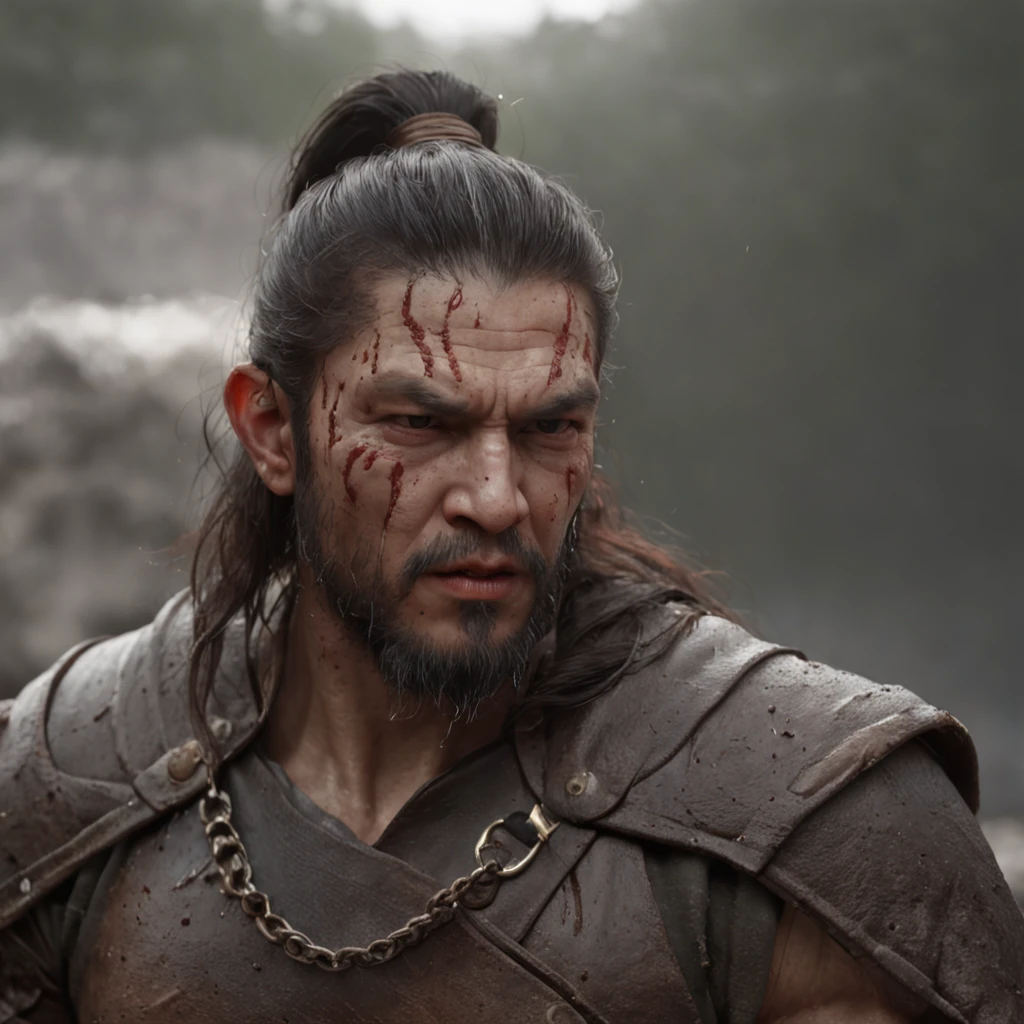 (professional 3d render:1.3) af (Realistic:1.3) The most beautiful artistic photo in the world，Asia face，Soft function, Bright male hero, ((Epic hero fantasy rough muscular man wet hero angry looks long hair, short beard and fierce expression in dynamic pose, Fantastic location, Majestic and cluttered environment)), Full body 8K unit rendering, action  shot, skin pore, very dark lighting, heavy shading, A detailed, Detal Face, (vibration, Realistic photography, Realistic, Dramatic, darkly, foco nítido, 8K), (Old leather clothing damaged due to bad weather:1.4), ((((Use skins)))), (复杂:1.4), decadent, (highly  detailed:1.4), digitial painting, rendering by octane, art  stations, concept-art, Liso, foco nítido, illustration, From the germ of art, (loish:0.23), wlop ilya kuvshinov, e Greg Rutkowski e Alphonse Mucha Gracias, (global ilumination, studiolight, Light volume), very heavy rain, Floating particles, lotr, fanciful, biz, Inteiroesbian body, ((Dark and ancient city background:1.3)),CGSesocieda,art  stations