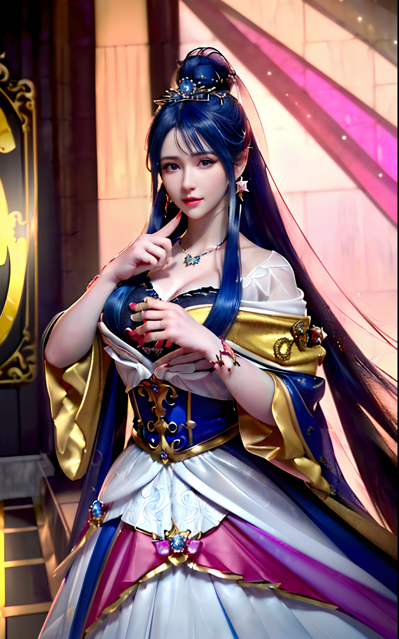 ((realisticity: 1.2)), ((realistic: 8K UHD)), ((best resolution: 8K UHD)), hyper detailed, best quality,masterpiece,highres,cg, ((1 girl hyper detailed and hyper realistic) ) , ((beautiful queen, hyper realistic and hyper detailed)),((white skin, beautiful, smooth, youthful, hyper realistic and hyper detailed )), ((Face hyper beautiful, white, hyper realistic and hyper detailed ) ), long hair, ((hyper realistic and hyper detailed dress)), solo, ((hyper realistic, hyper beautiful, beautiful and hyper detailed jewelry)), ((hyper beautiful deep red and golden yellow dress, hyper realistic and hyper detailed )) , ((Her pretty, hyper realistic, hyper detailed diamond filled earrings)), ((Her gorgeous diamond haircut, hyper realistic and hyper detailed)), ((hyper pretty upper body, hyper beautiful, hyper realistic and hyper detailed) ), ((medium breast: 1.1)), ((hyper realistic, hyper pretty, hyper detailed boobs)), ((the backgroun of the royal palace is hyper majestic, hyper realistic and hyper detailed)),((hands and palms hyper beautiful, hyper detailed, hyper realistic)), ((hyper detailed and hyper realistic fingers and fingernails)), ((hyper pretty fingernails, hyper vivid, hyper detailed, hyper realistic)), ((thumb, index finger, middle finger, ring finger, little finger hyper vivid, hyper pretty, hyper detailed, hyper realistic)),
((hyper beautiful fingers, hyper detailed, and hyper realistic)), ((posture not too fat and not too thin, hyper realistic, hyper detail)), ((hyper pretty, hyper pretty, hyper realistic and hyper detailed hair bun)), ((hyper pretty , hyper realistic and hyper detailed blue hair)), candid, Photo, high resolution, 8k , bokeh,
