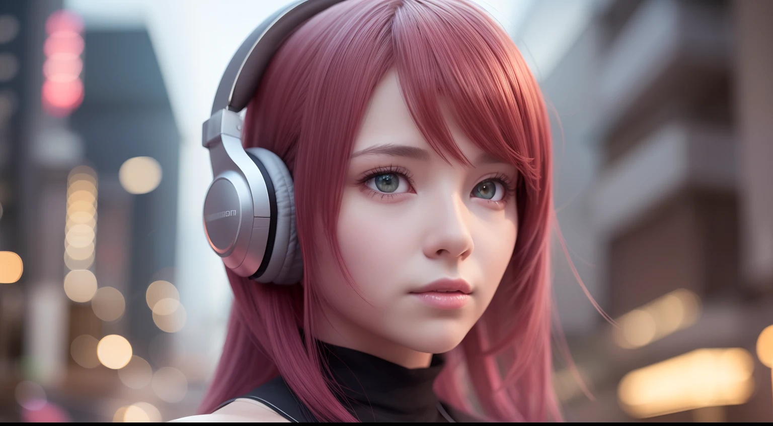 girl with headphones,hair color rainbow eyes red cyberpunk,8K extremely detailed, smooth, high resolution, ultra quality, highly detailed eyes, highly detailed mouth, highly detailed face brightness, iridescent, global lighting, real hair movement, real light, real shadow, real face, hd, 2k, 4k, 8k, 16k, realistic light, realistic shadow, bright eyes, fluorescent eyes, soft light, dream light,anime, 3d, japan, pixar, masterpiece, best quality, , portrait, night city with one at lamborghin background
