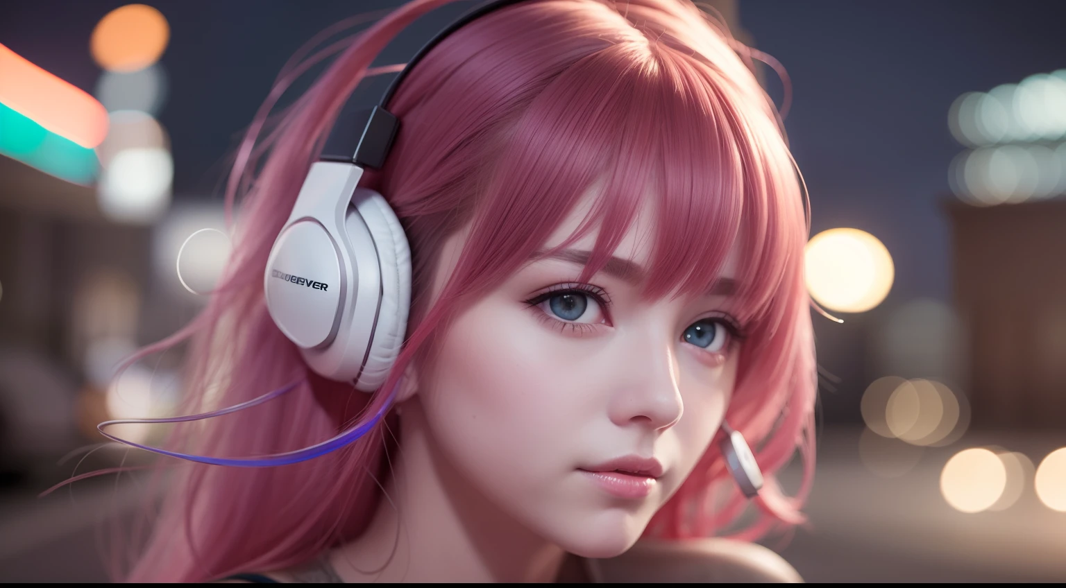 girl with headphones,hair color rainbow eyes red cyberpunk,8K extremely detailed, smooth, high resolution, ultra quality, highly detailed eyes, highly detailed mouth, highly detailed face brightness, iridescent, global lighting, real hair movement, real light, real shadow, real face, hd, 2k, 4k, 8k, 16k, realistic light, realistic shadow, bright eyes, fluorescent eyes,  soft light, dream light,anime, 3d, japan, pixar, masterpiece, best quality, , portrait, night city with one at lamborghin background