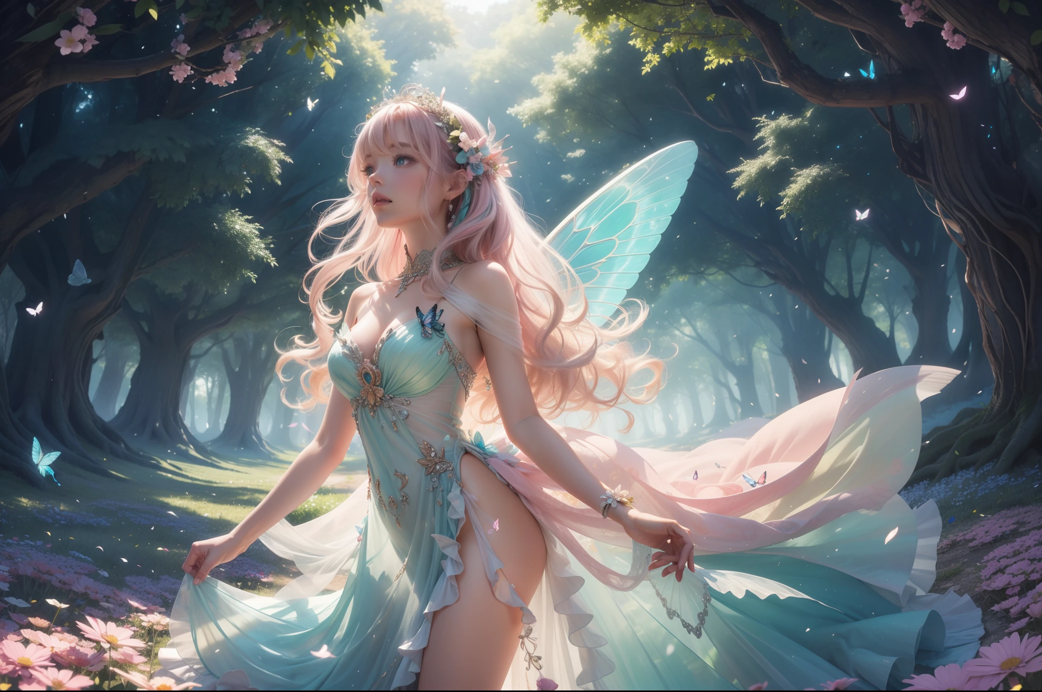 A young fairy in vortex of falling flowers and leaves. Butterfly like Wings. She wears a multilayered ruffled dress in light pink transparent fabric with silver and aquamarine embellishments. Long messy wavy hair. She is merging from a swirl of multicoloured varieties of flowers and leaves of different shapes and tones of green. Happy palette of colours. Magical flowery forest as background, clear day, sunny, light filtering through the trees. Photorealistic.