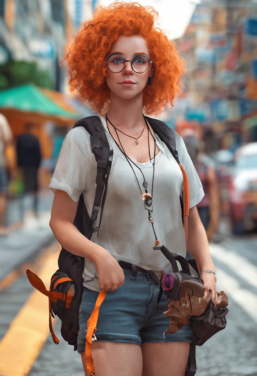 There's a woman with orange curly hair, wearing big glasses, posando na rua com uma mochila nas costas, em uma rua da cidade, anime hiper realista, Surrealismo alunas, Arte em estilo Guviz, Guviz, Imagem ultrarrealista, Menina anime na vida real, Deusa Brasileira
