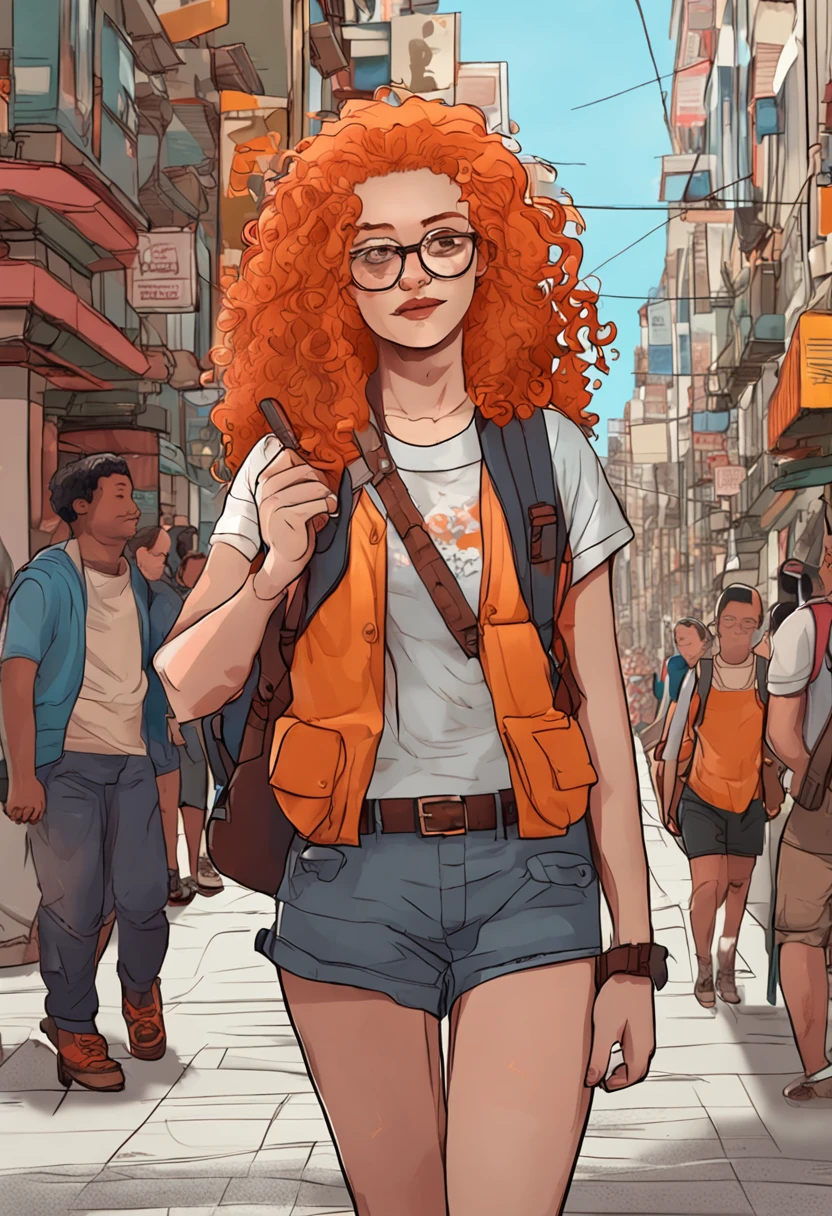 There's a woman with orange curly hair, wearing big glasses, posando na rua com uma mochila nas costas, em uma rua da cidade, anime hiper realista, Surrealismo alunas, Arte em estilo Guviz, Guviz, Imagem ultrarrealista, anime na vida real, Deusa Brasileira