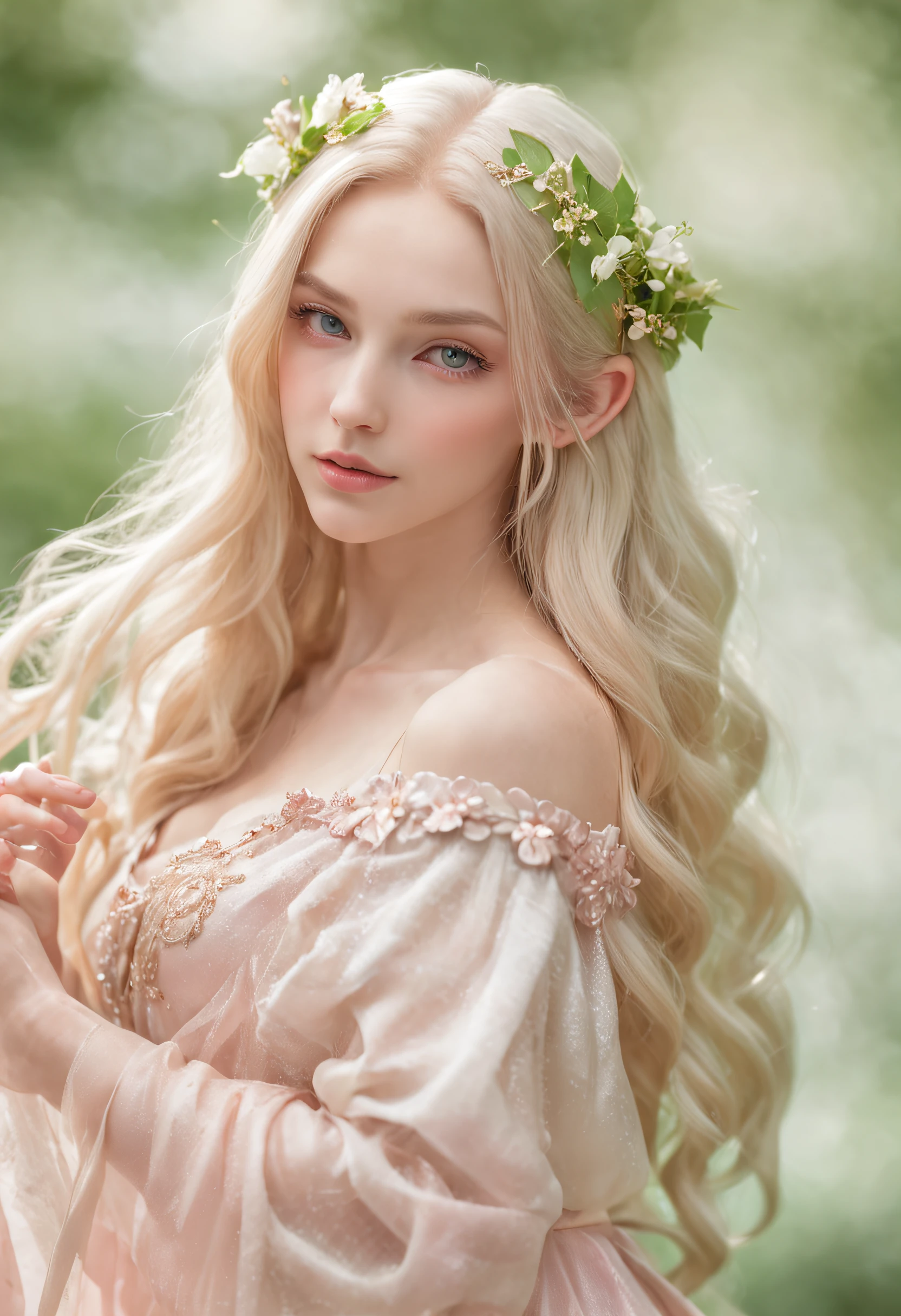 "Elf Princess,Gentle and delicate,Wearing a long dress in bright colors,Shimmering with dazzling light。Long silky blonde hair covered her shoulders,It's like a golden waterfall fluttering in the breeze。She has bright and welcoming eyes,Exudes a mesmerizing glow。Surrounded by pink petals,A gentle breeze ruffles long hair and skirts,An intoxicating picture is formed。Blue sky, white clouds and emerald green woods as background,Adds to her elven temperament。"