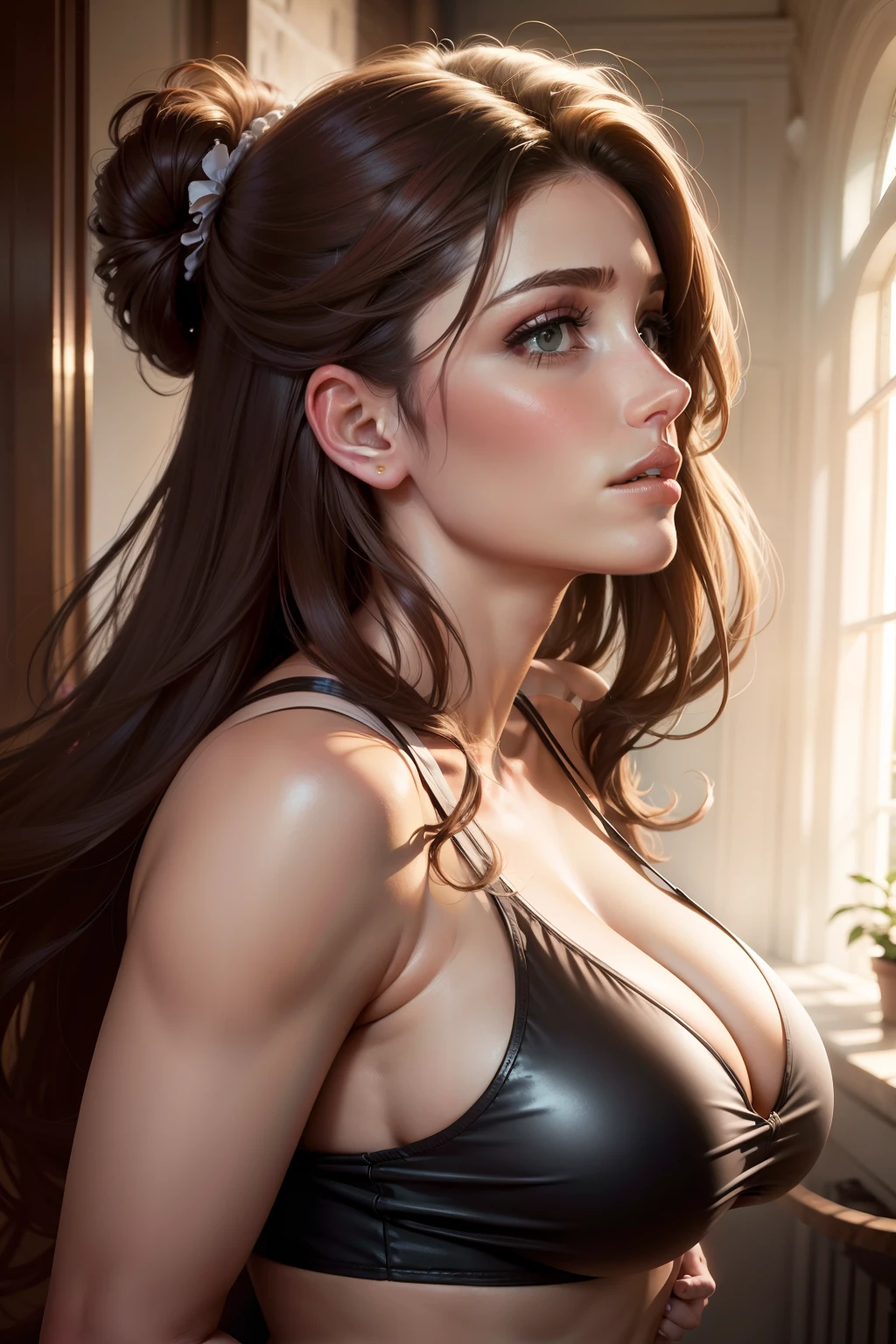 lucy pinder, portrait, side on, looking from the side, bust, looking up.