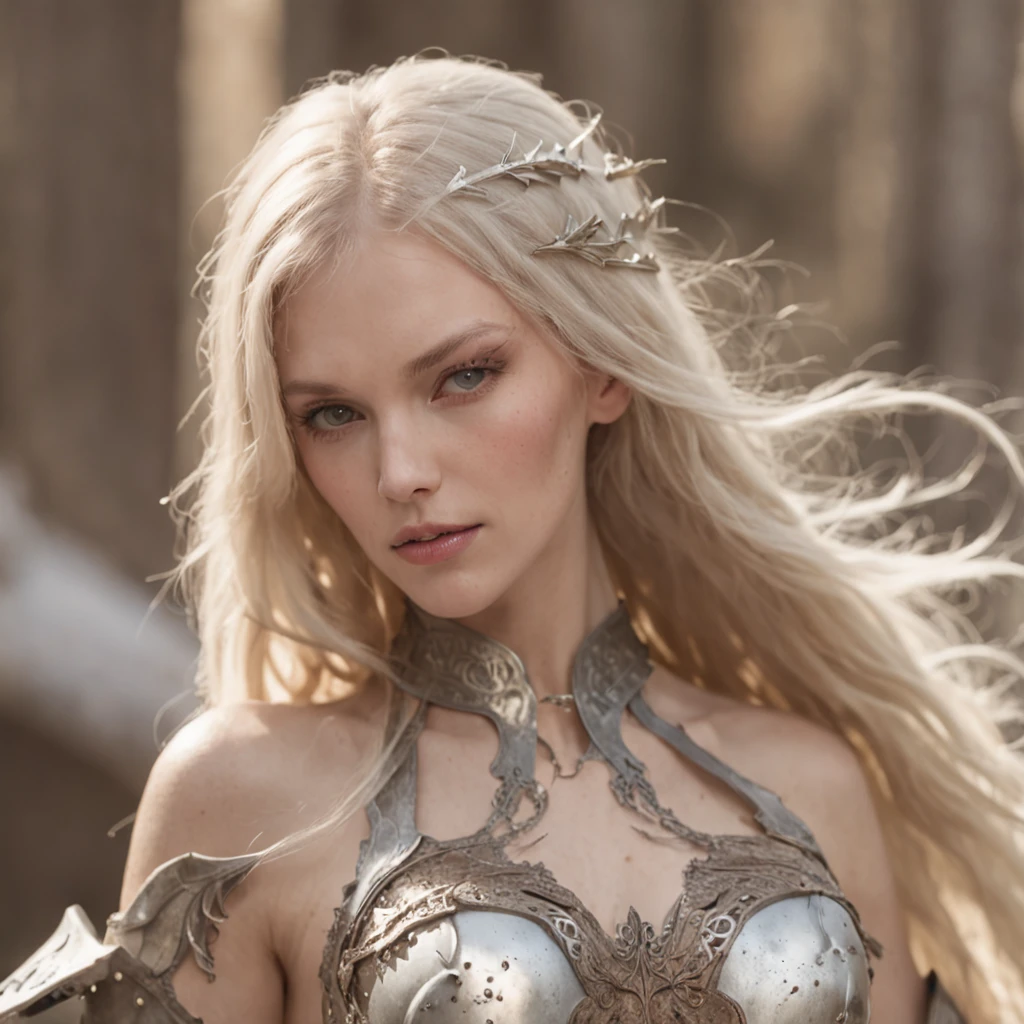 beautiful slender young long-haired with bangs blonde woman in tattered white fantasy armor with exposed chest, castle interior, UHD, elven fantasy, micro details, soft light, photorealistic, proportional, hyper details