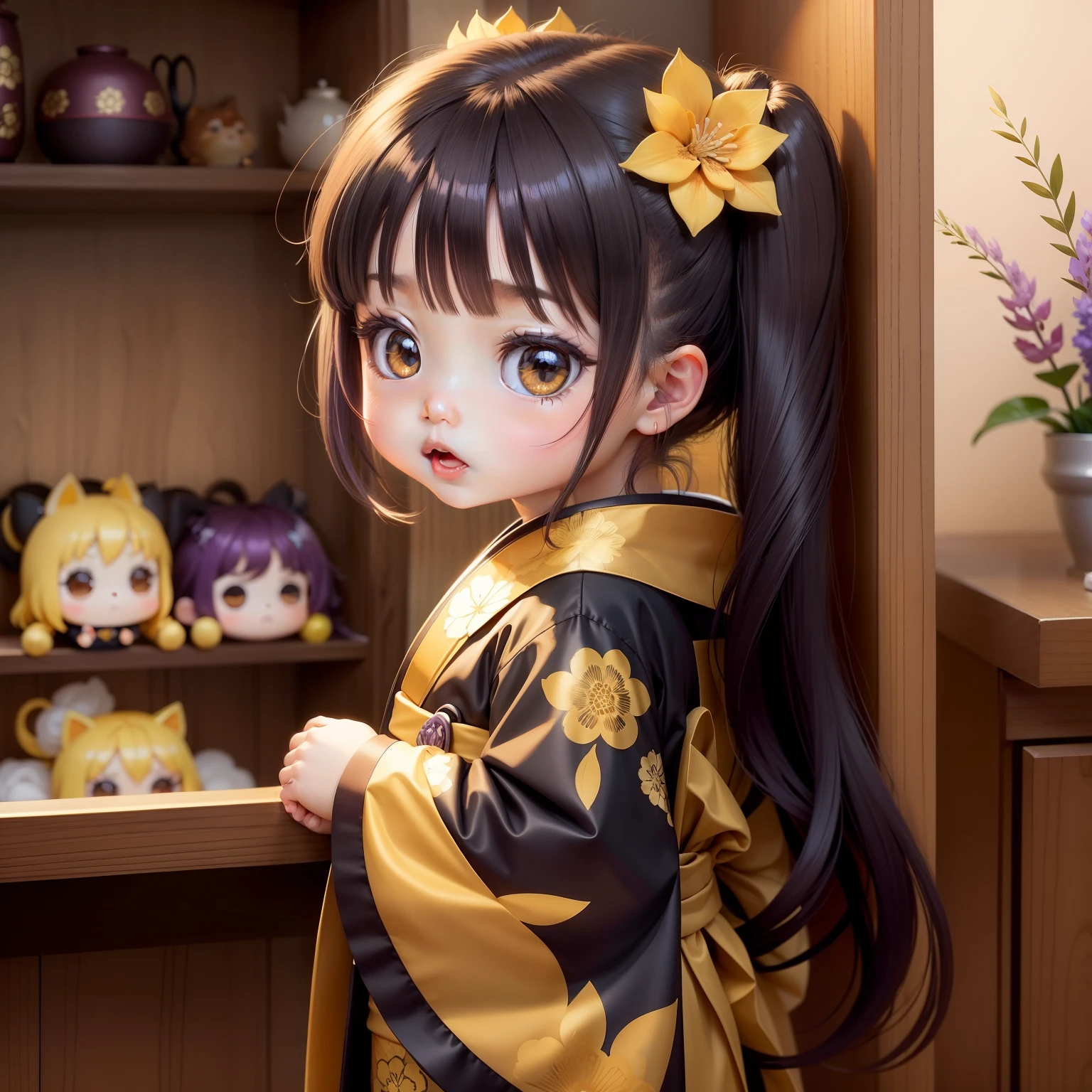 Cute Baby Chibi Anime,Golden and black kimono,Bright wisteria flowers,Wisteria shelf,Impersonation face.