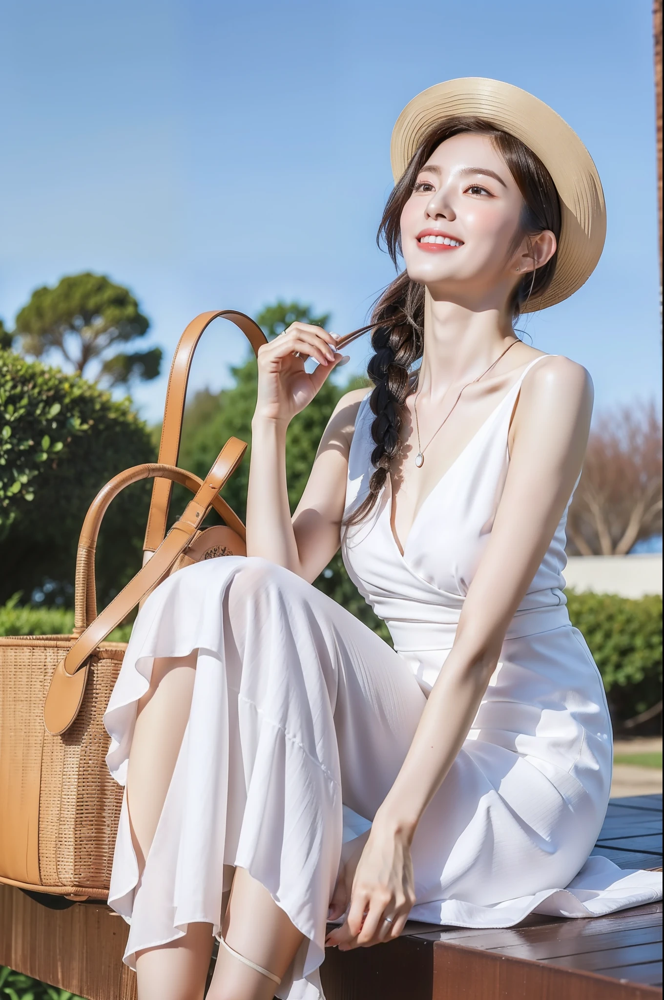 (top-quality、in 8K、​masterpiece、nffsw:1.2)、simple background、A Japanese Lady、in her 20s、Elegant look、Slender figure、ssmile、Brown hair color、Longhaire、Sitting on a bench in a station、a necklace、White dress、Less exposed skin、a straw fedora hat、denim pant、sandal、Both legs have heels on the ground、wide-angle lens、poneyTail、Travel Bag、Extremely detailed、A hyper-realistic、Photorealsitic、Stand with your bag、Clothes are not see-through、The sun is dazzling and looking up at the sky.、Pose blocking the sunlight with your hands、