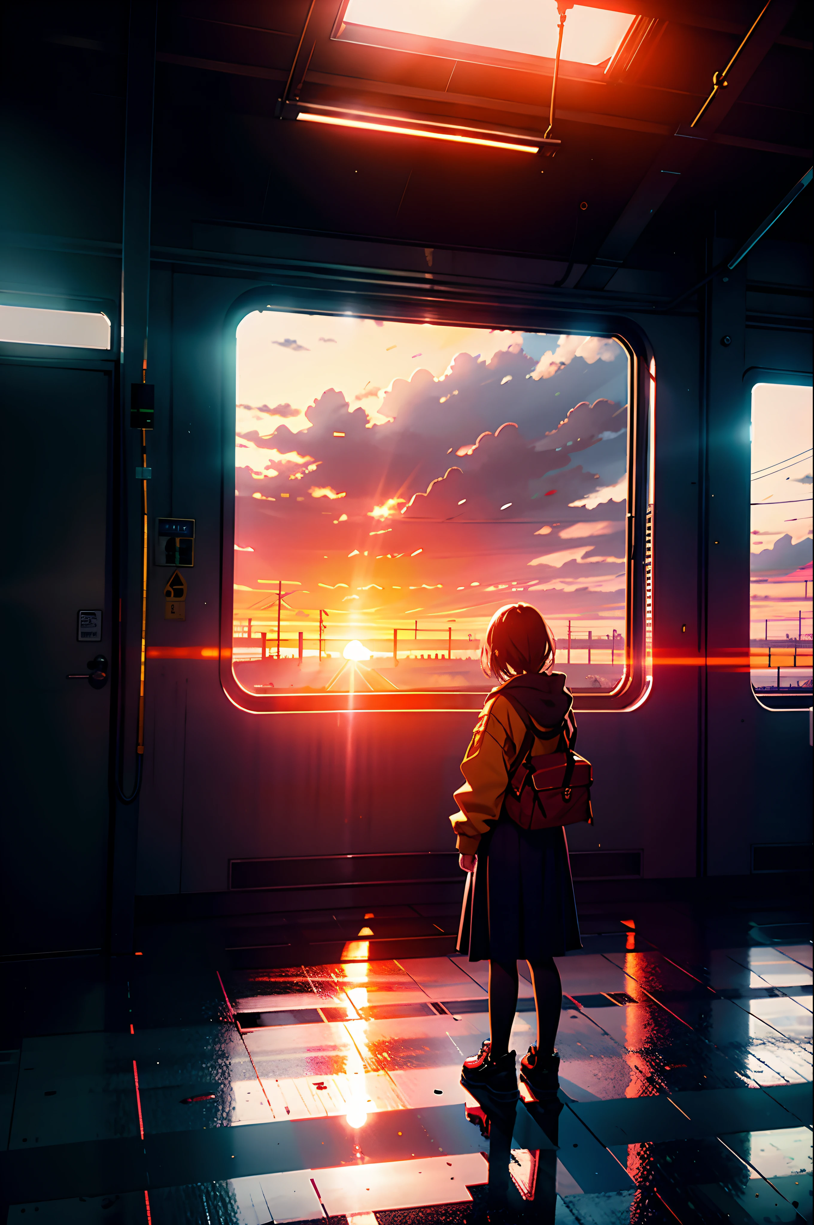 1girl waiting in a warehouse of a train while sunray from the big windows come and end at her feet. Cinematic. Sunset. Lonely. 4k.