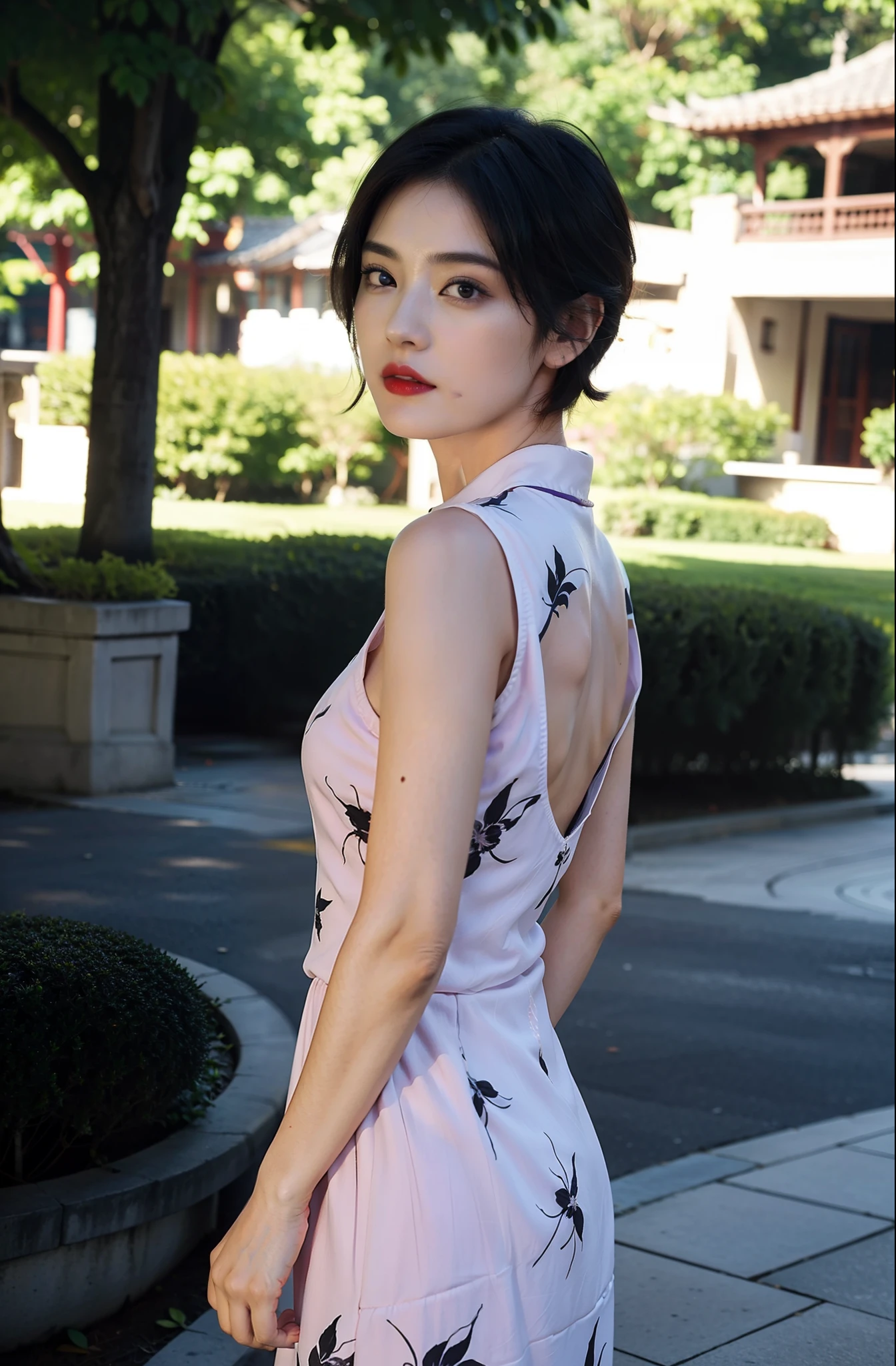 (purple printed china dress),1 girl,(short hair:1.1), (arms behind back:1.1),(realistic:1.7),((best quality)),absurdres,(ultra high res),(photorealistic:1.6),photorealistic,octane render,(hyperrealistic:1.2), (photorealistic face:1.2), (8k), (4k), (Masterpiece),(realistic skin texture), (illustration, cinematic lighting,wallpaper),( beautiful eyes:1.2),((((perfect face)))),(cute),(standing),(black hair),(short hair),black eyes,red lips, (outdoors),