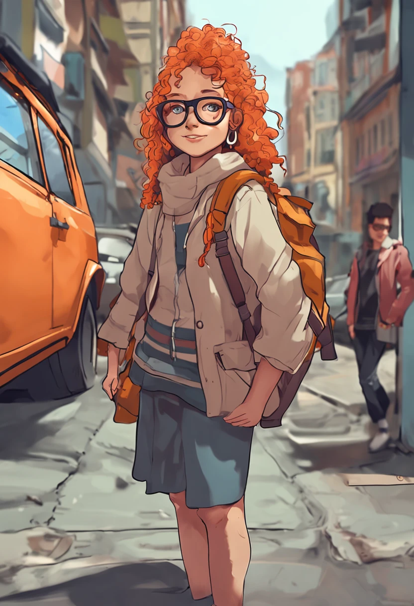 There's a woman with orange curly hair, wearing big glasses, posando na rua com uma mochila nas costas, em uma rua da cidade, anime hiper realista, Surrealismo alunas, Arte em estilo Guviz, Guviz, Imagem ultrarrealista, Menina anime na vida real, Deusa Brasileira
