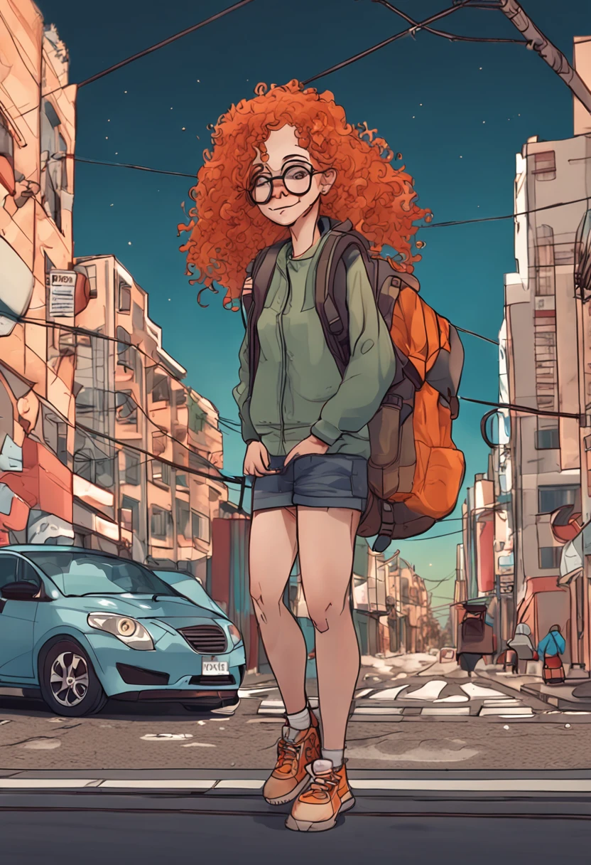 There's a woman with orange curly hair, wearing big glasses, posando na rua com uma mochila nas costas, em uma rua da cidade, anime hiper realista, Surrealismo alunas, Arte em estilo Guviz, Guviz, Imagem ultrarrealista, Menina anime na vida real, Deusa Brasileira