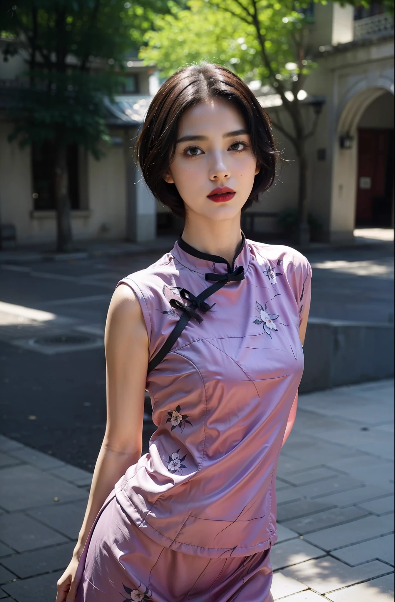 (purple printed china dress),1 girl,(short hair:1.1), (arms behind back:1.1),(realistic:1.7),((best quality)),absurdres,(ultra high res),(photorealistic:1.6),photorealistic,octane render,(hyperrealistic:1.2), (photorealistic face:1.2), (8k), (4k), (Masterpiece),(realistic skin texture), (illustration, cinematic lighting,wallpaper),( beautiful eyes:1.2),((((perfect face)))),(cute),(standing),(black hair),(short hair),black eyes,red lips, (outdoors),