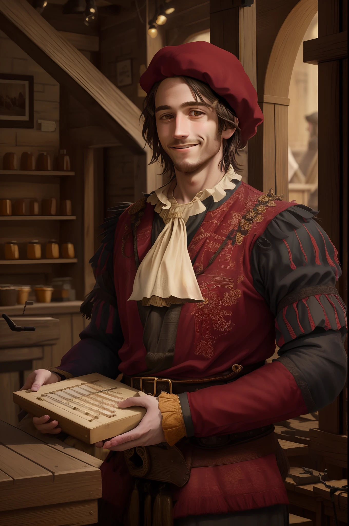 (masterpiece, best quality:1.2), Use this imagem to generate a photorealistic image of a handsomely attired beautiful musician adorned in medieval garments with purple tones clothing captivatingly performing in a rustic tavern setting. Illuminate the scene with natural light to evoke an authentic ambiance. Emphasize intricate details that showcase the musician's charisma and skill, while highlighting the tavern's historical charm, all combining to create a vibrant and enchanting atmosphere. lute (instrument). music, playing instrument. smile.