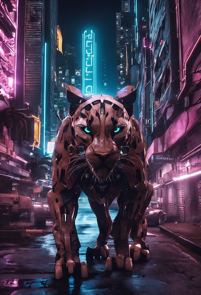 foto de uma pantera((bicho)) futuristica no meio da foto, foto hiper-realista, metalic, Professional photo of a futuristic robotic panther with various modifications, metal claws, synthetic fur, bionic hind legs, ((detalhes super realistas)), cybernetic eyes, scientific fiction, fictional scenario science, (noite), Luz Natural, Cyberpunk, cidade futurista, cidade cyberpunk, neon signs, altamente detalhado, (Antecedentes altamente detalhados), Various buildings in background, billboard ads in the background next to buildings, texturas detalhadas, wide angle, chuvoso durante a noite, com luz iridescente, imagens altamente detalhadas, cores vibrantes e bonitas, imagem fotorrealista, 8k, Ultra HD | |, unreal rendering engine, Cinematic lighting,Realistic proportions, filmic grain, Foto RAW, (lateral).
