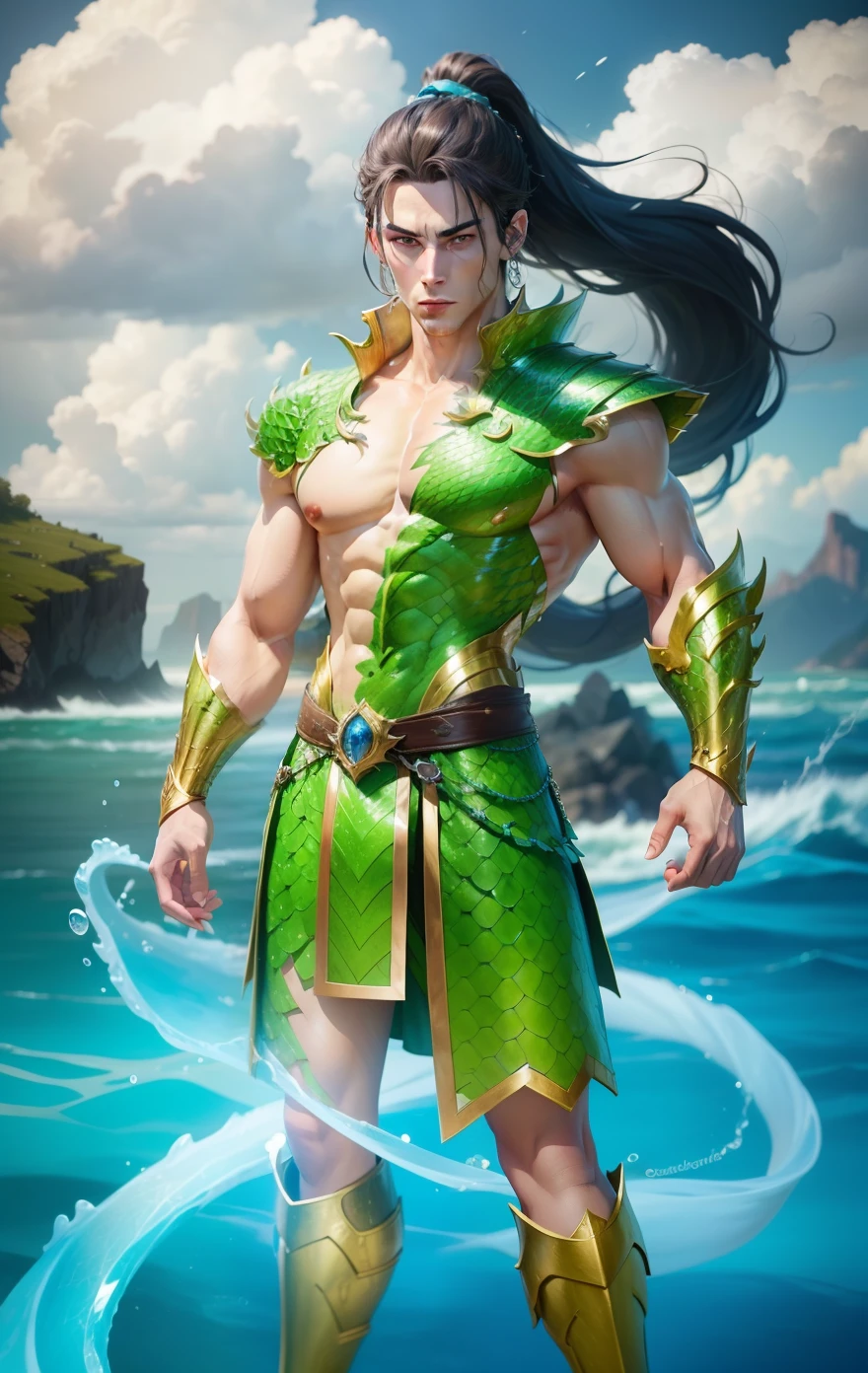 Boy, handsome, sixpack, charming, dragon, golden armor, ocean, Storm, magic Green dragon scales, blue eyes, white skin, ponytail hair, realistic, ultra detail, perfect face, perfect eyes, pretty face, expressive eye,best quality, beautiful eyes.