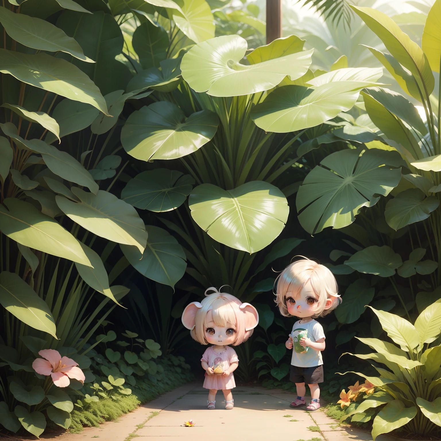 Cute  Chibi Anime,Elephant ears,Ash-haired bob,Tropical flowers,botanical garden