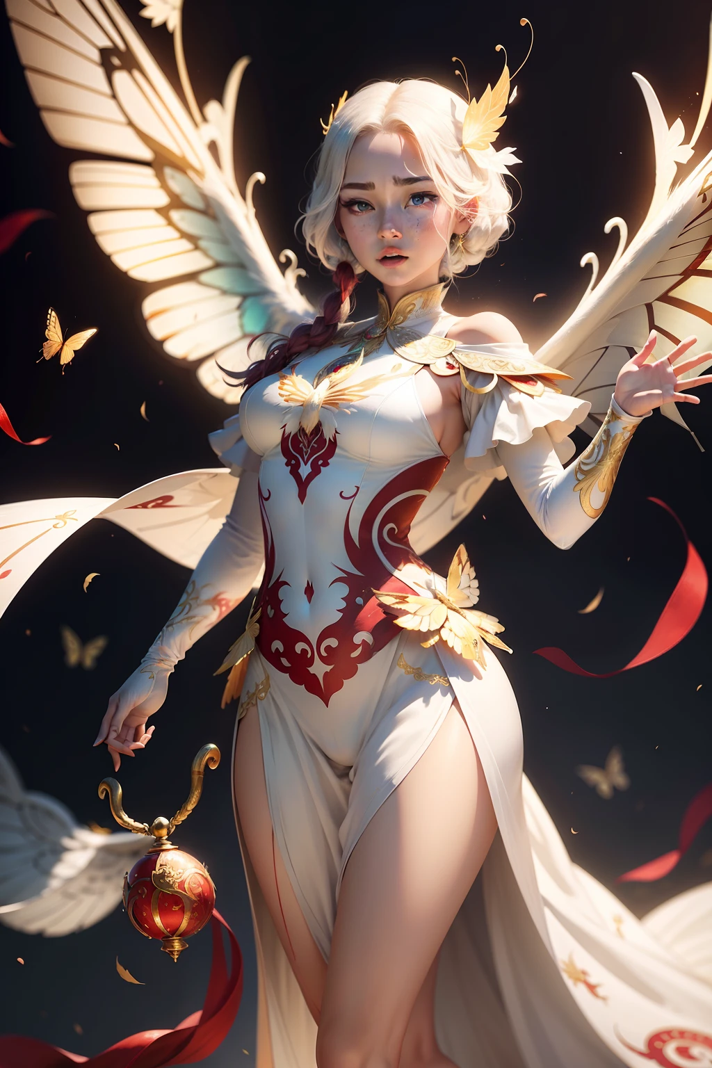 White phoenix butterfly,The wings have a faint gold thread,Four red jade spots dot the wings