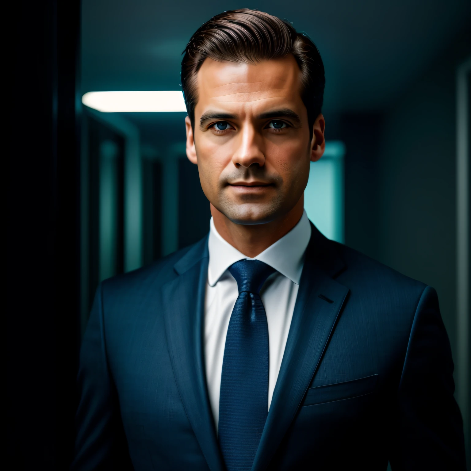 a Man standing with 30 years in suit and tie, body and head straight in the photo, facing the viewer of the photo, eyes fixed to the lens, appears shoulders and head in the photo, man centered in the photo, 8k, best quality, masterpiece, realistic, realistic photo, movie photo, ultra realistic, 1 person, detailed, perfect lighting,  DSRL, professional photo, 4k