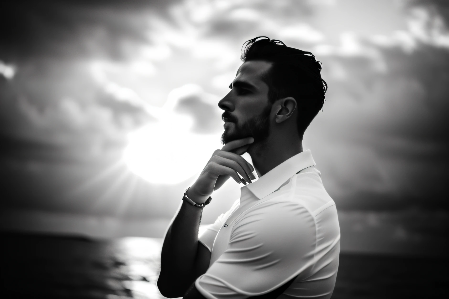 Man in black and white looking up at the sky, photo of a white man, side profile portrait, a man's profile, side profile waist up portrait, side profile cenetered portrait, side profile centered portrait, atmospheric portrait, black and white portrait, profile posing, backlit portrait, ((( Black clothes)))
