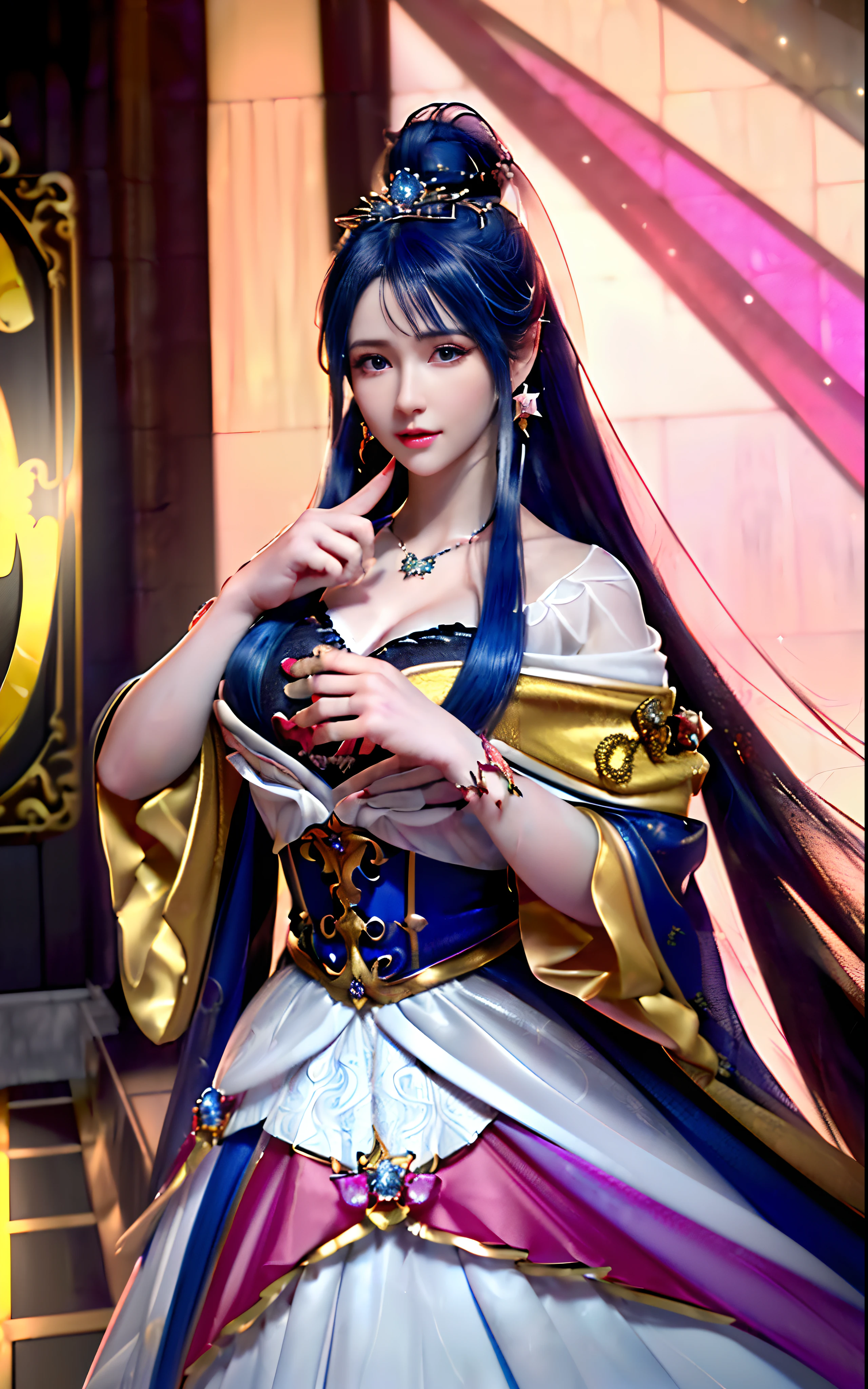 ((realisticity: 1.2)), ((realistic: 8K UHD)), ((best resolution: 8K UHD)), hyper detailed, best quality,masterpiece,highres,cg, ((1 girl hyper detailed and hyper realistic) ) , ((beautiful queen, hyper realistic and hyper detailed)),((white skin, beautiful, smooth, youthful, hyper realistic and hyper detailed )), ((Face hyper beautiful, white, hyper realistic and hyper detailed ) ), long hair, ((hyper realistic and hyper detailed dress)), solo, ((hyper realistic, hyper beautiful, beautiful and hyper detailed jewelry)), ((hyper beautiful deep red and golden yellow dress, hyper realistic and hyper detailed )) , ((Her pretty, hyper realistic, hyper detailed diamond filled earrings)), ((Her gorgeous diamond haircut, hyper realistic and hyper detailed)), ((hyper pretty upper body, hyper beautiful, hyper realistic and hyper detailed) ), ((medium breast: 1.1)), ((hyper realistic, hyper pretty, hyper detailed boobs)), ((the backgroun of the royal palace is hyper majestic, hyper realistic and hyper detailed)),((hands and palms hyper beautiful, hyper detailed, hyper realistic)), ((hyper detailed and hyper realistic fingers and fingernails)), ((hyper pretty fingernails, hyper vivid, hyper detailed, hyper realistic)), ((thumb, index finger, middle finger, ring finger, little finger hyper vivid, hyper pretty, hyper detailed, hyper realistic)),
((hyper beautiful fingers, hyper detailed, and hyper realistic)), ((posture not too fat and not too thin, hyper realistic, hyper detail)), ((hyper pretty, hyper pretty, hyper realistic and hyper detailed hair bun)), ((hyper pretty , hyper realistic and hyper detailed blue hair)), candid, Photo, high resolution, 8k , bokeh,