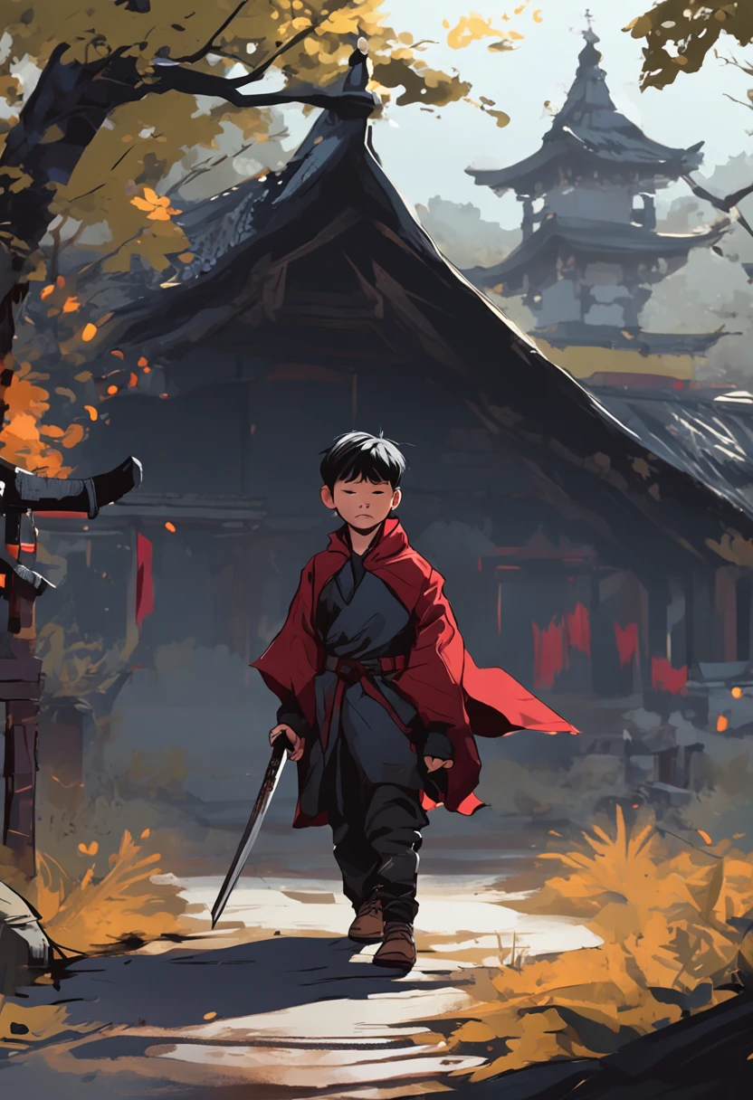 walking in a gloomy village, Wearing a black cloak, Katana in hand, The eyes are red