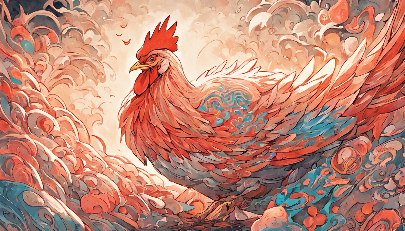 A hen laying eggs,Surrounded by clouds,Design style,etchings,Unity8k wallpapers,ultradetailed,Beauty and aesthetics,Masterpiece,best qualtiy,(zentangle,mandalas,tangled,entangle),Oil woodblock printing, wood block print, woodcut print, linocut print, oil art, Lino print, Oil painting art print, linocut, woodcut art, woodblock, woodblock print, Block printing, woodcut style