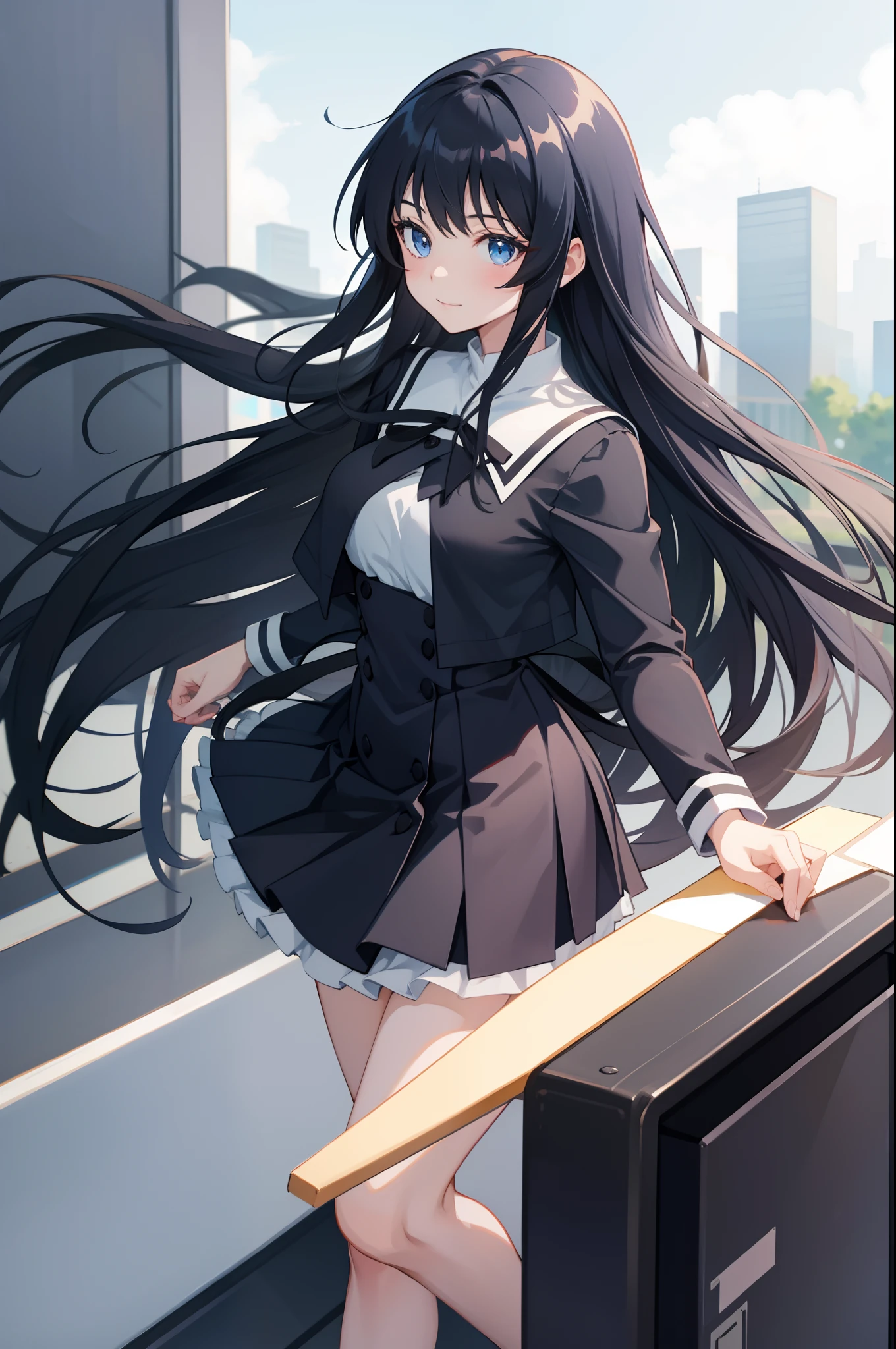 solo, anime girl with long black hair, light blue eyes, slight smile, school uniform, skirt, classroom in background