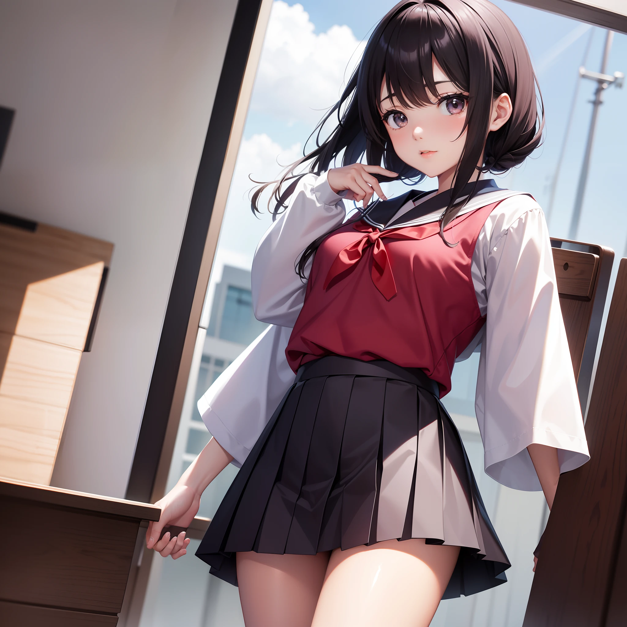 japanes　hi-school girl　校服　A slender　A dark-haired　a short skirt
