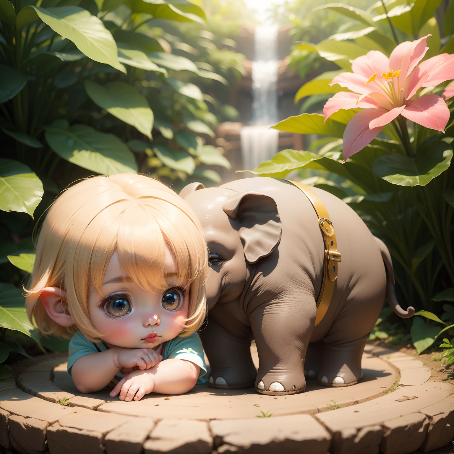 Cute Baby Chibi Anime,Elephant ears,Bob with ash hair,Tropical Flowers,Botanical Garden
