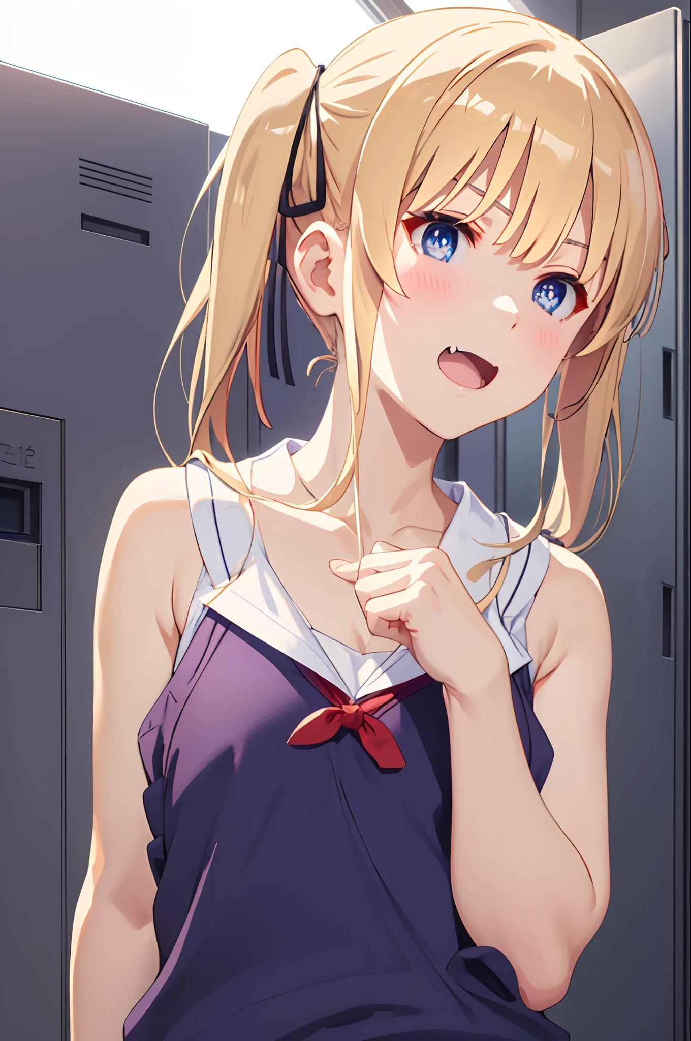 ph_eriri, sawamura spencer eriri, 1girl, blonde hair, blue eyes, school uniform, twintails, solo, fang, long hair, open mouth, hair ribbon, locker, anime coloring, parody, serafuku, blush, upper body, bangs, sweater vest, black ribbon, masterpiece, best quality, highres, 1girl, solo, fang, skin fang, short hair, (mole on thigh:0.8), bangs, hair behind ear, purple eyes, hair ornament, open mouth, beach, smile, squatting, small chest, short height, , flat chest, small, cleavage, ((bare shoulder)), exposed, loose shirt, navel, presenting armpit